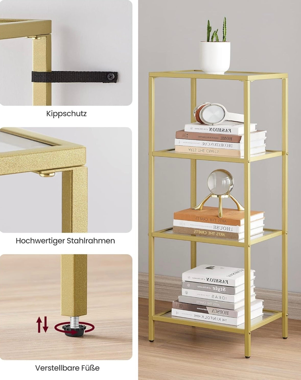 Modern Gold & Glass 4-Tier Display Shelf