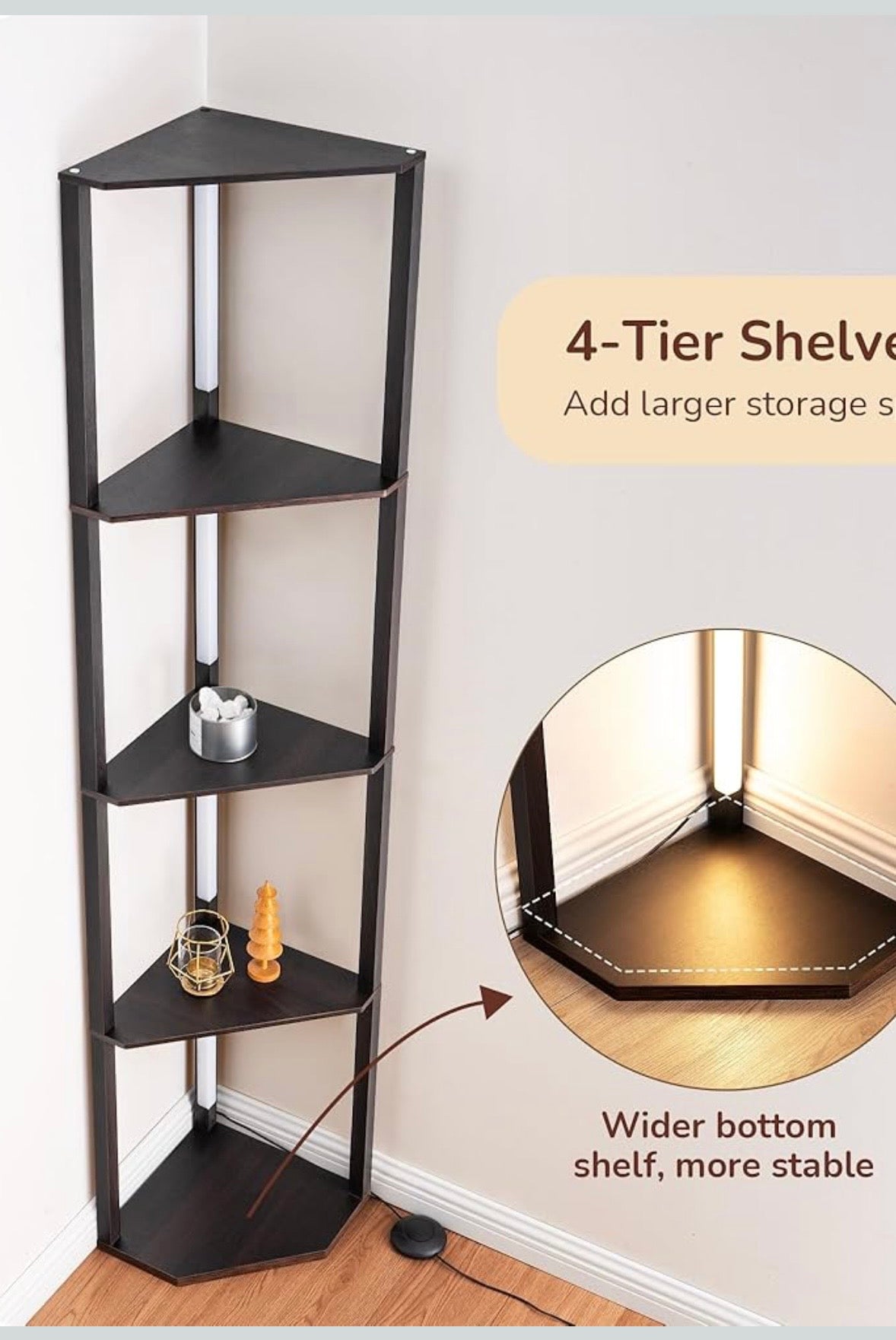 Modern LED Corner Floor Lamp with 4-Tier Shelves
