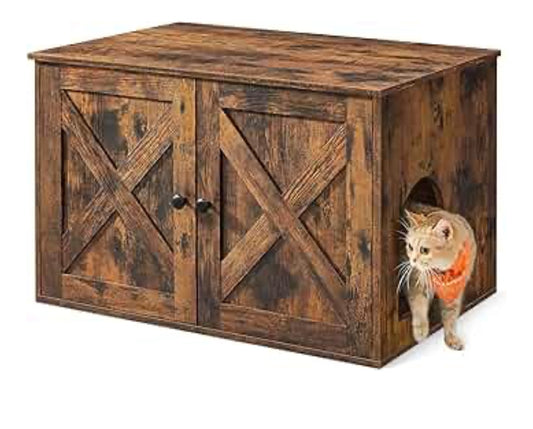 Rustic Cat Litter Box Enclosure with Barn Doors – Multi-Use Cat Furniture Cabinet (Brown Wood Finish)