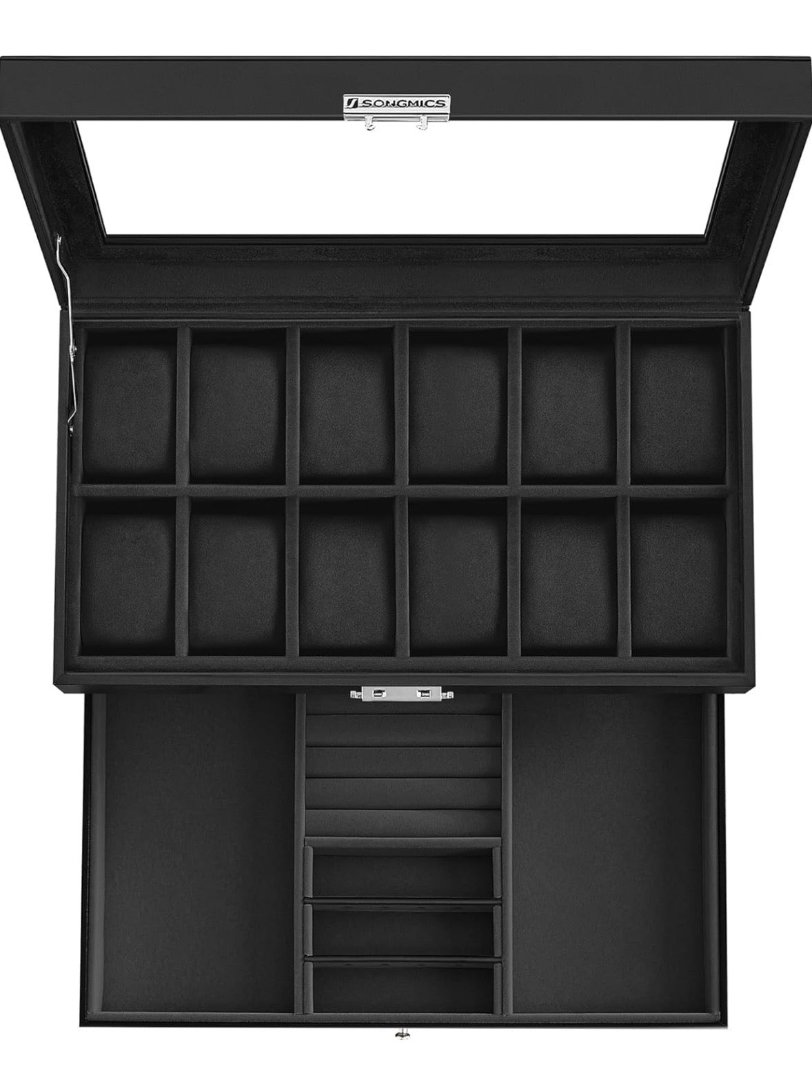 SONGMICS 12-Slot Watch Box Organizer with Glass Lid – Black