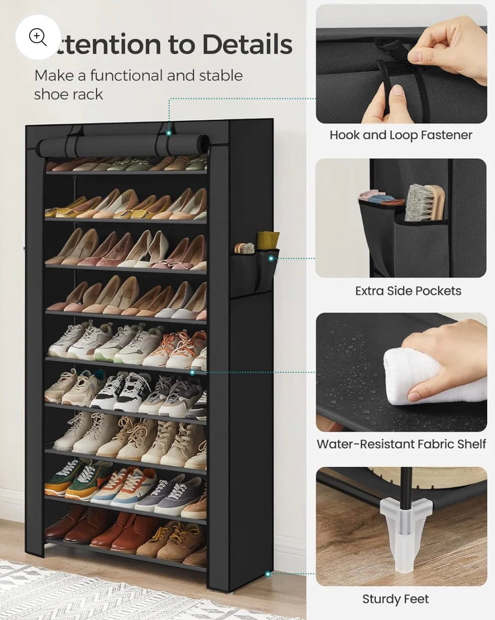 SONGMICS 9-Tier Covered Shoe Organizer with Dustproof Fabric Cover