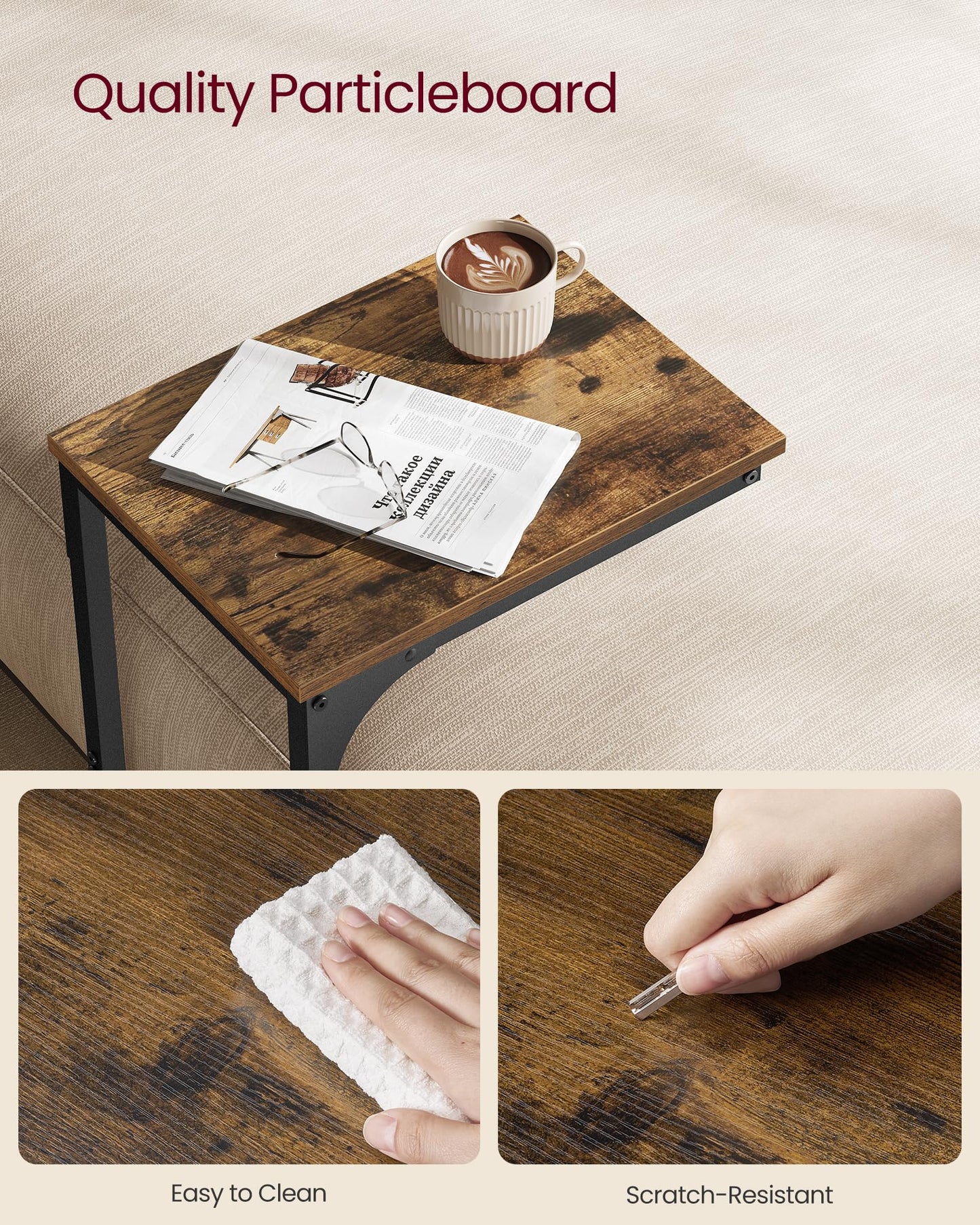 VASAGLE C-Shaped Side Table – Rustic Brown + Ink Black