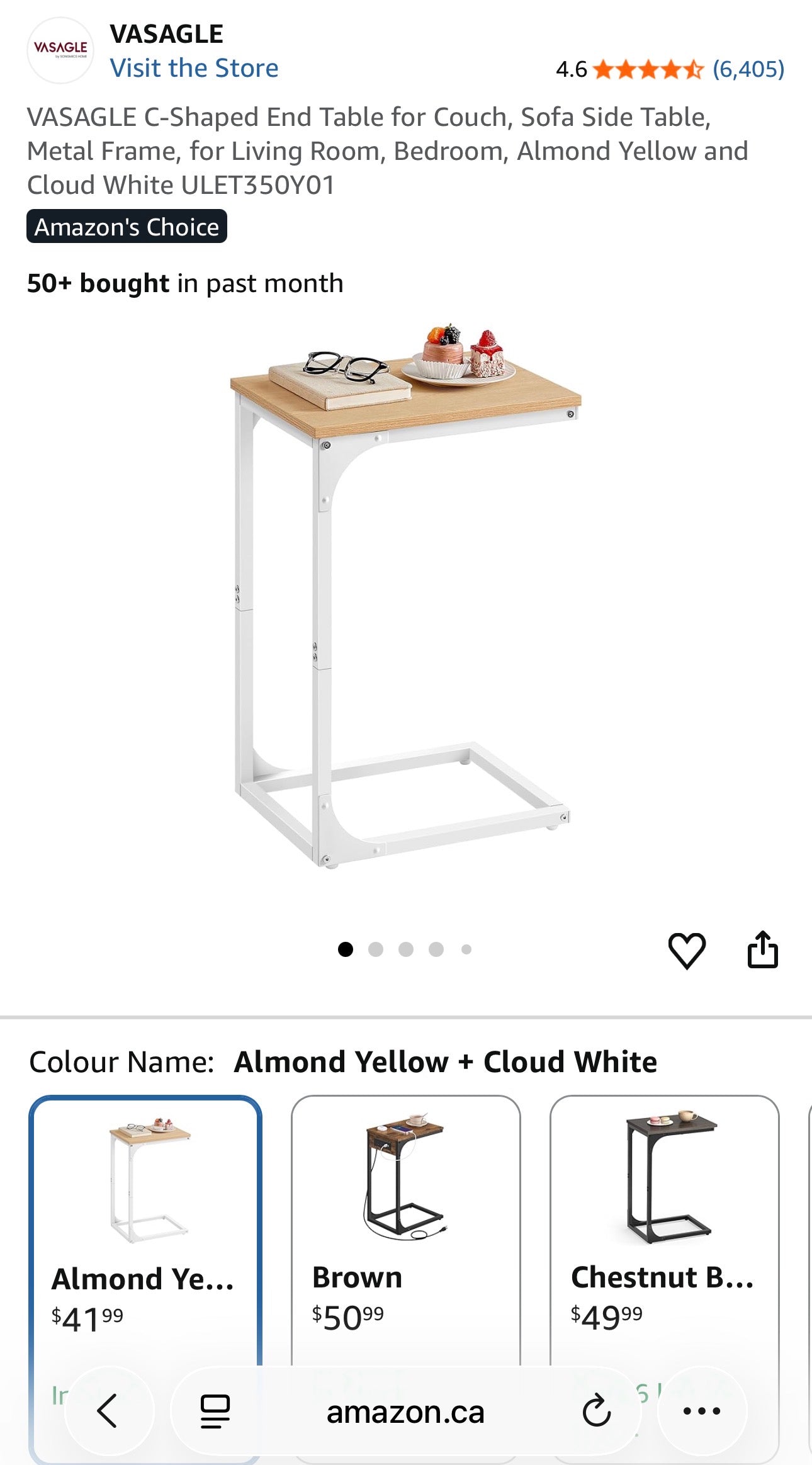 VASAGLE C-Shaped Side Table – Almond Yellow & Cloud White