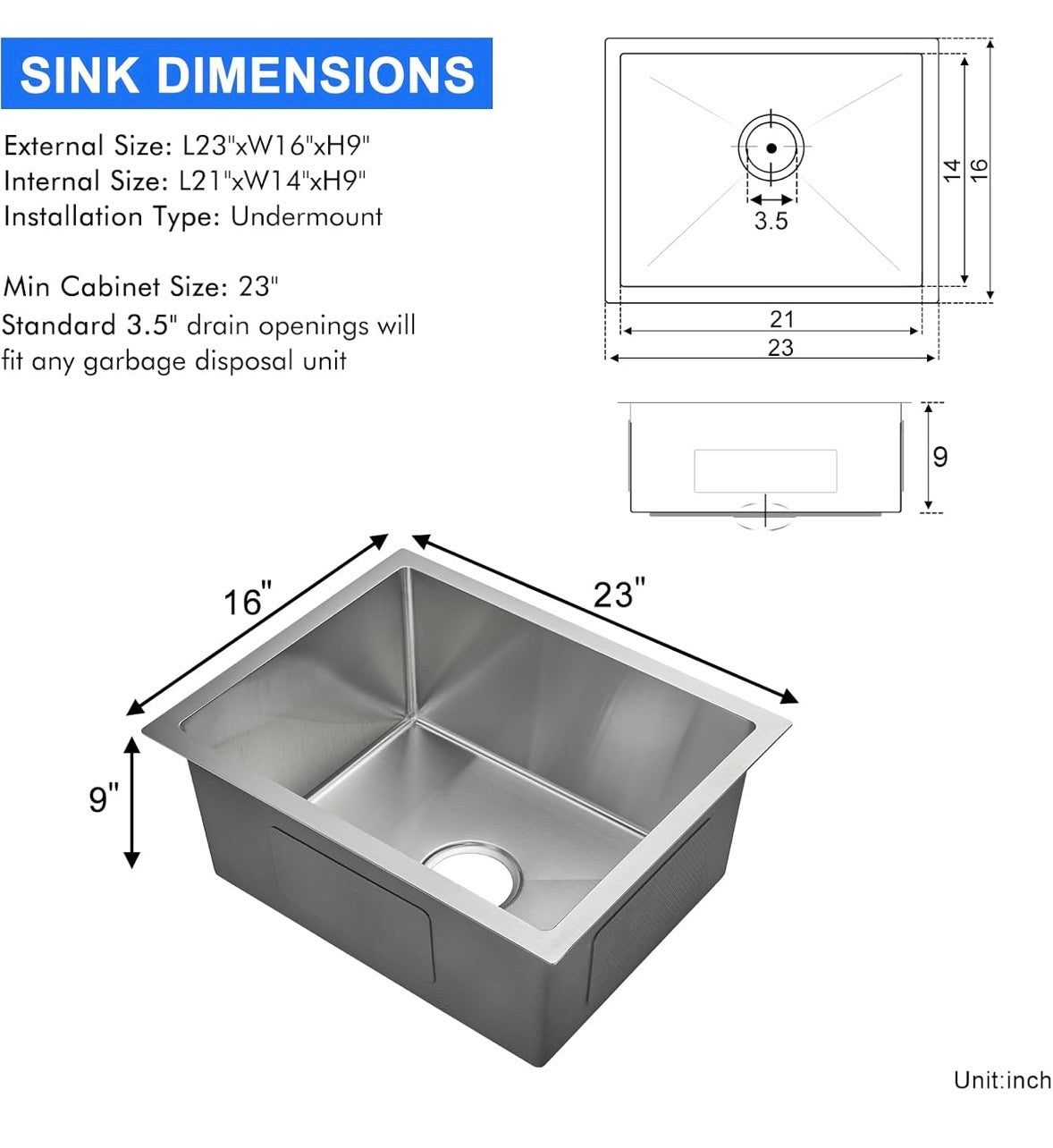 23” Undermount Stainless Steel Kitchen Sink