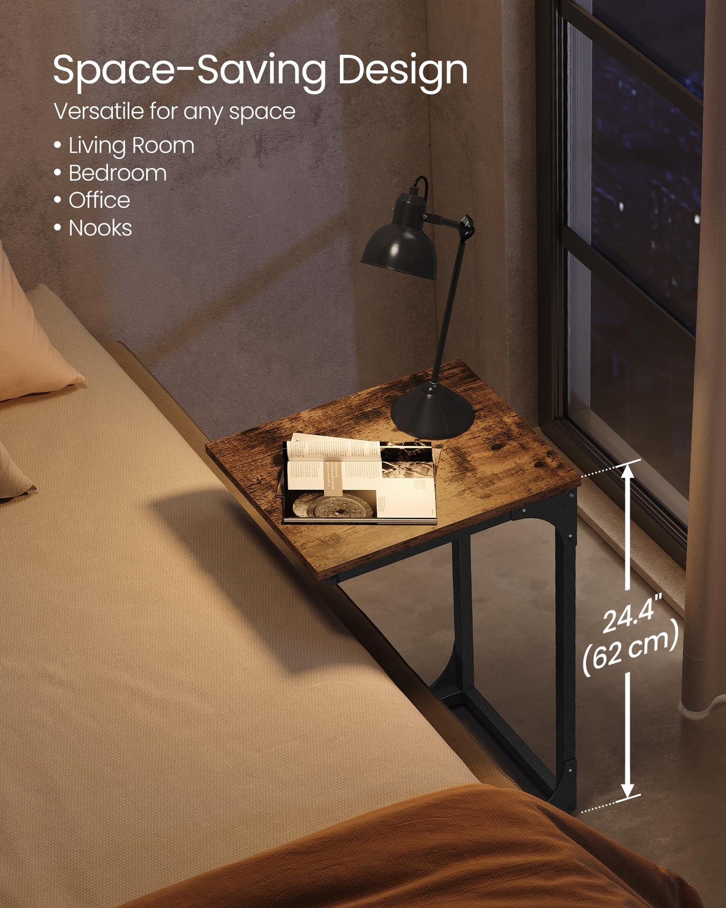 VASAGLE C-Shaped Side Table – Rustic Brown + Ink Black