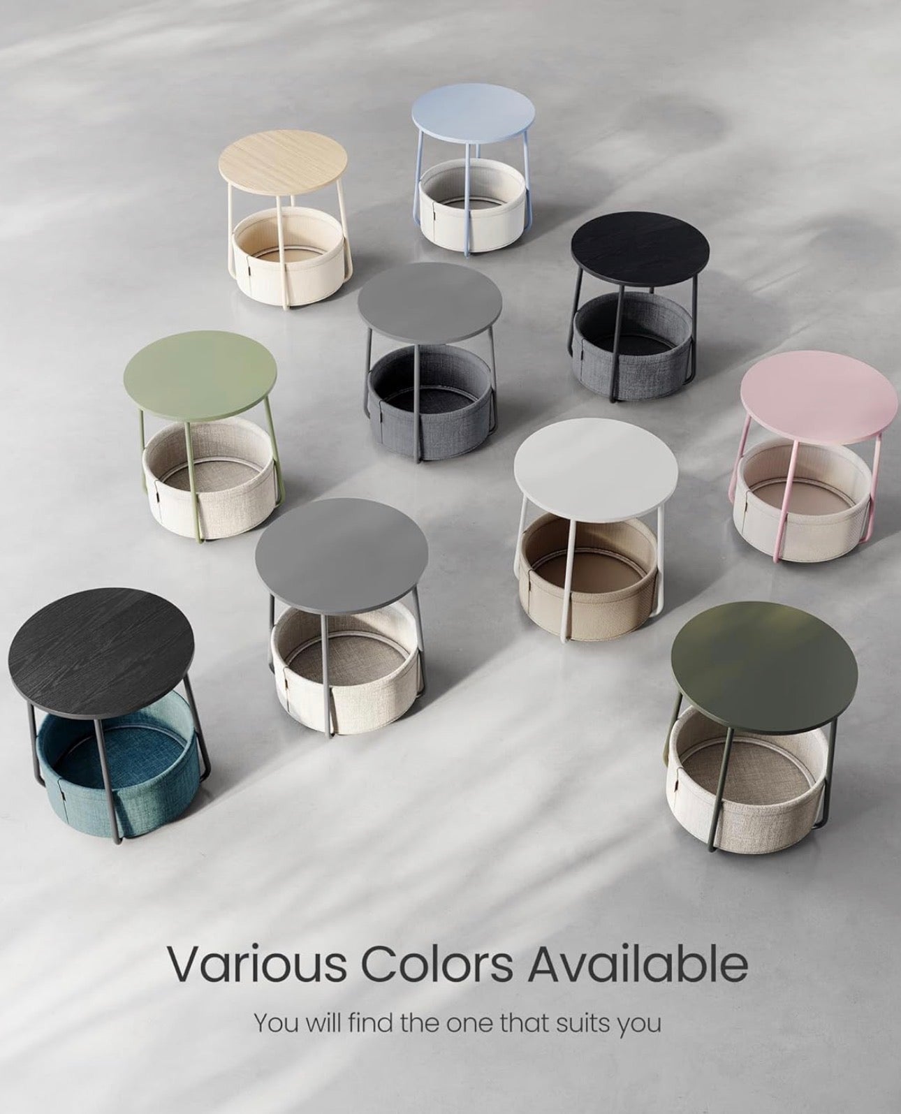 VASAGLE LILEA Round Side Table with Fabric Basket