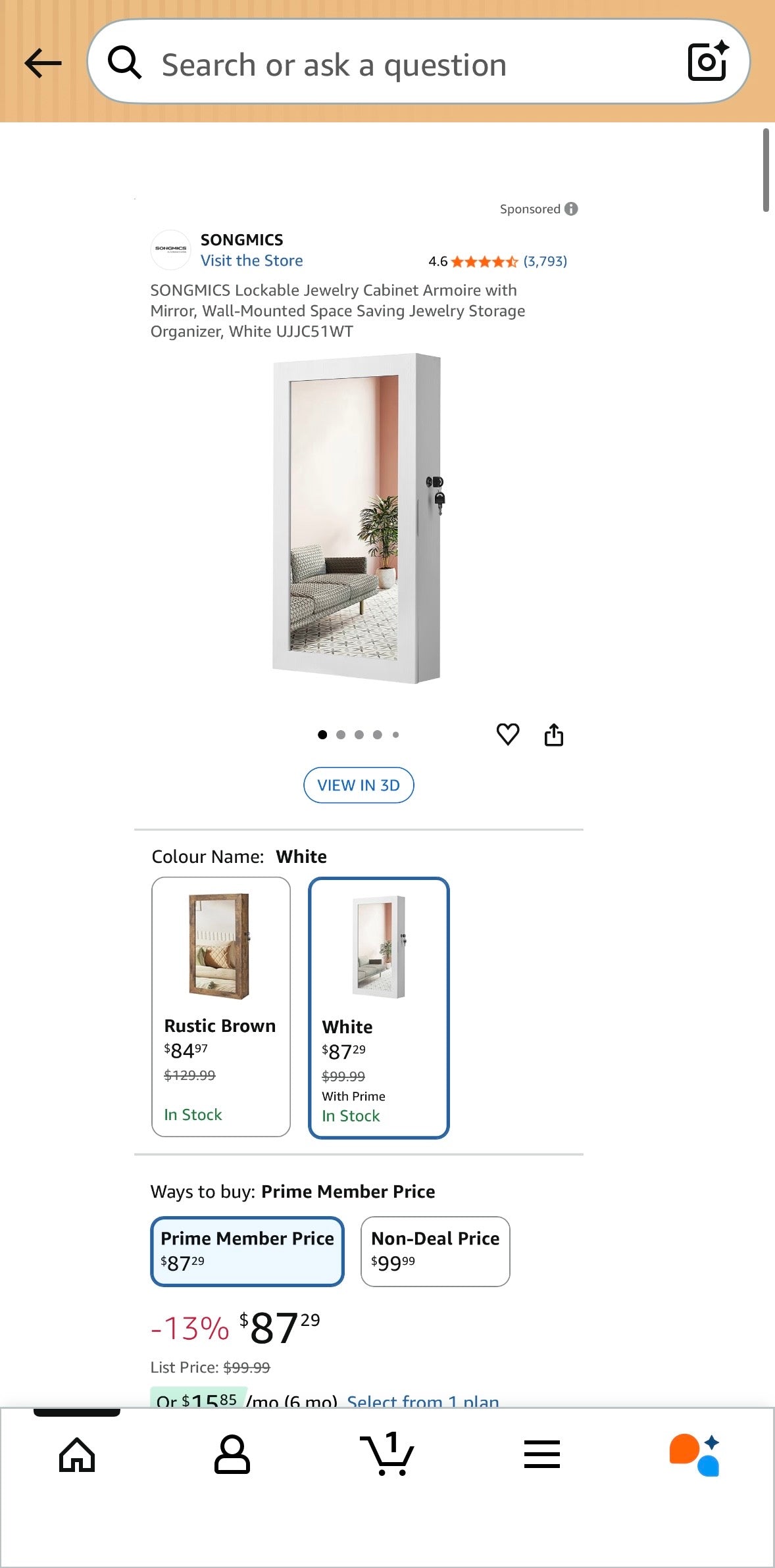 SONGMICS Wall-Mounted Jewelry Cabinet with Mirror – White