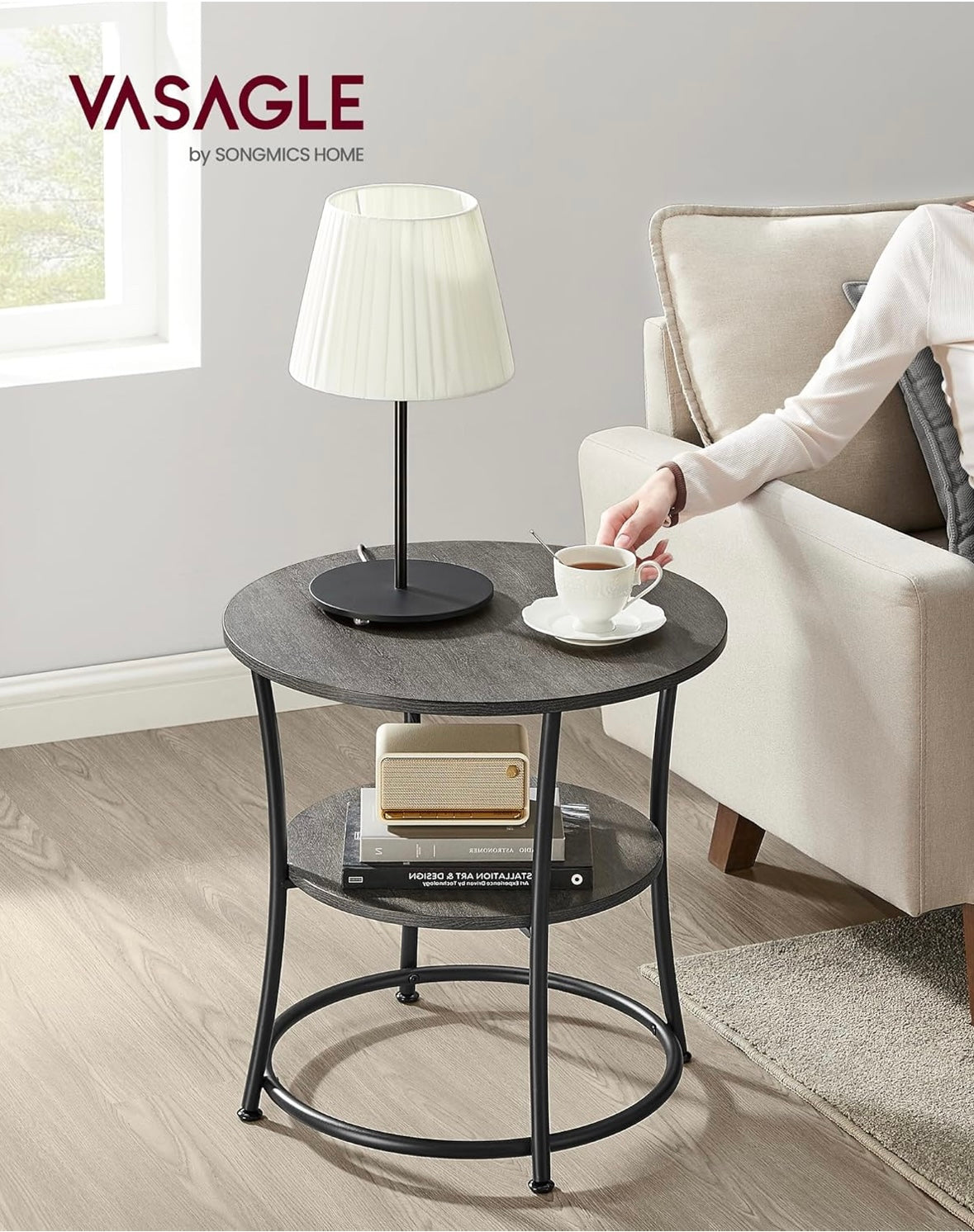 VASAGLE Misty Gray + Ink Black Round Side Table – 2-Tier Modern Accent Table