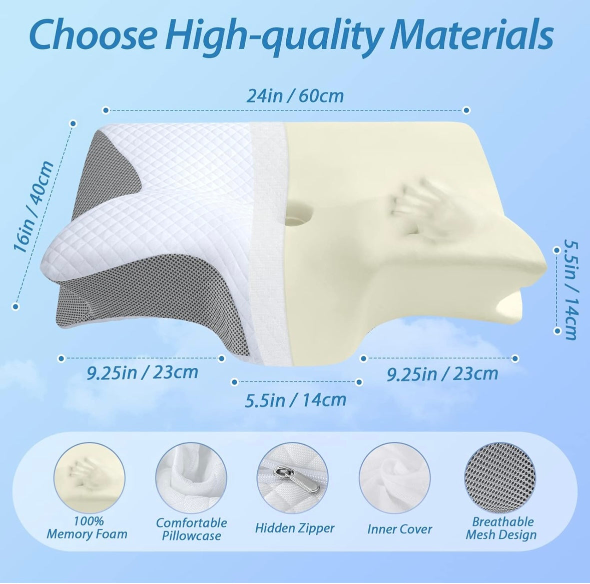 HOMCA 2-in-1 Memory Foam Cervical Pillow — Ergonomic Neck & Shoulder Support (Gray)