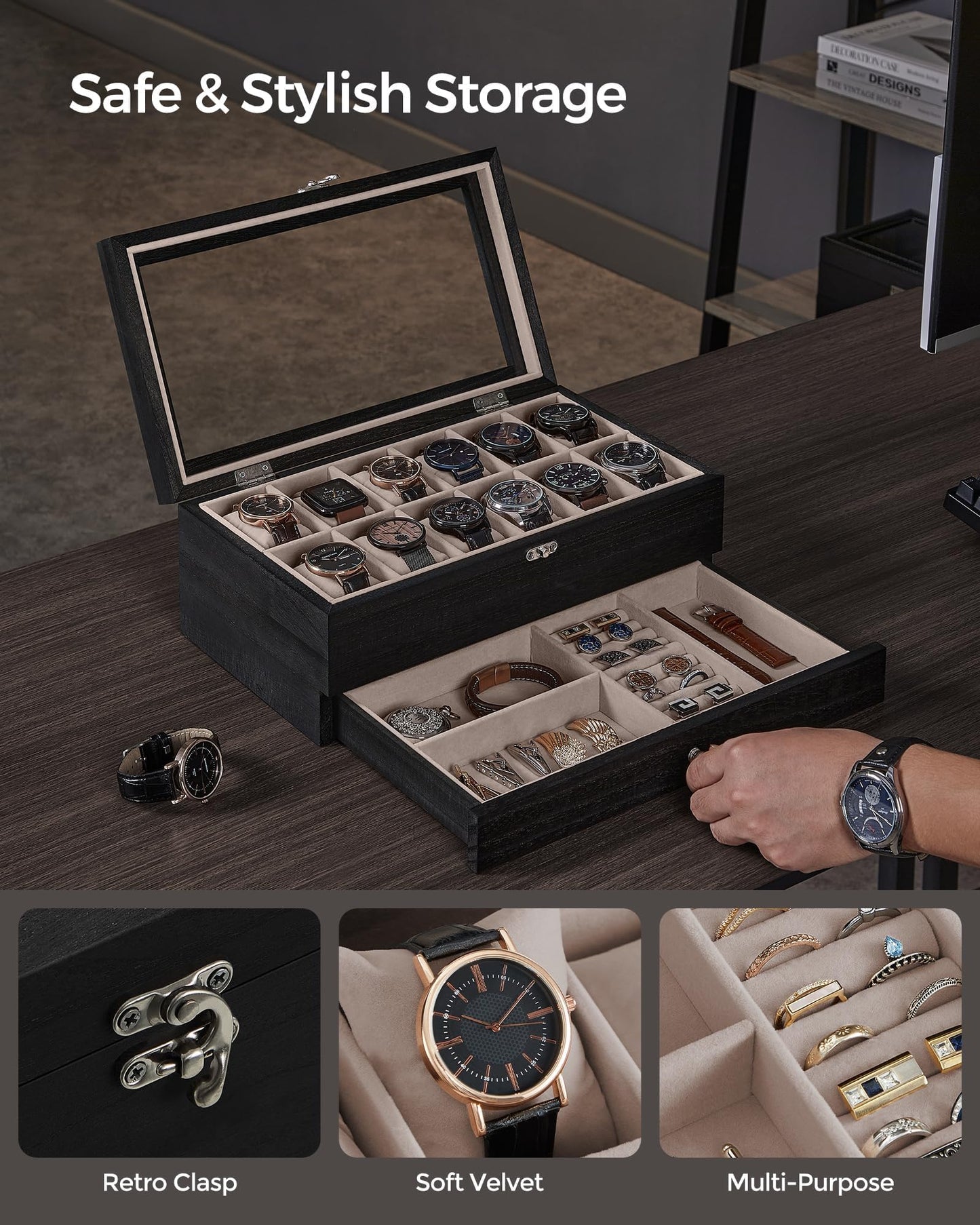 SONGMICS 12-Slot Wooden Watch & Jewelry Box