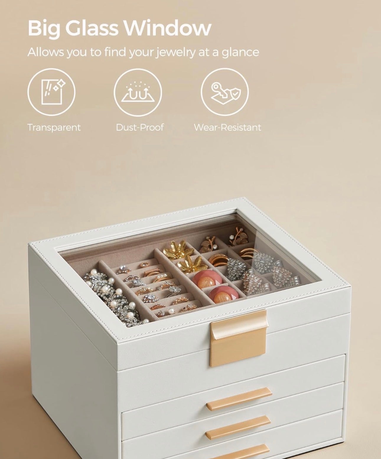 SONGMICS 4-Layer Jewelry Organizer Box – Cloud White + Gold