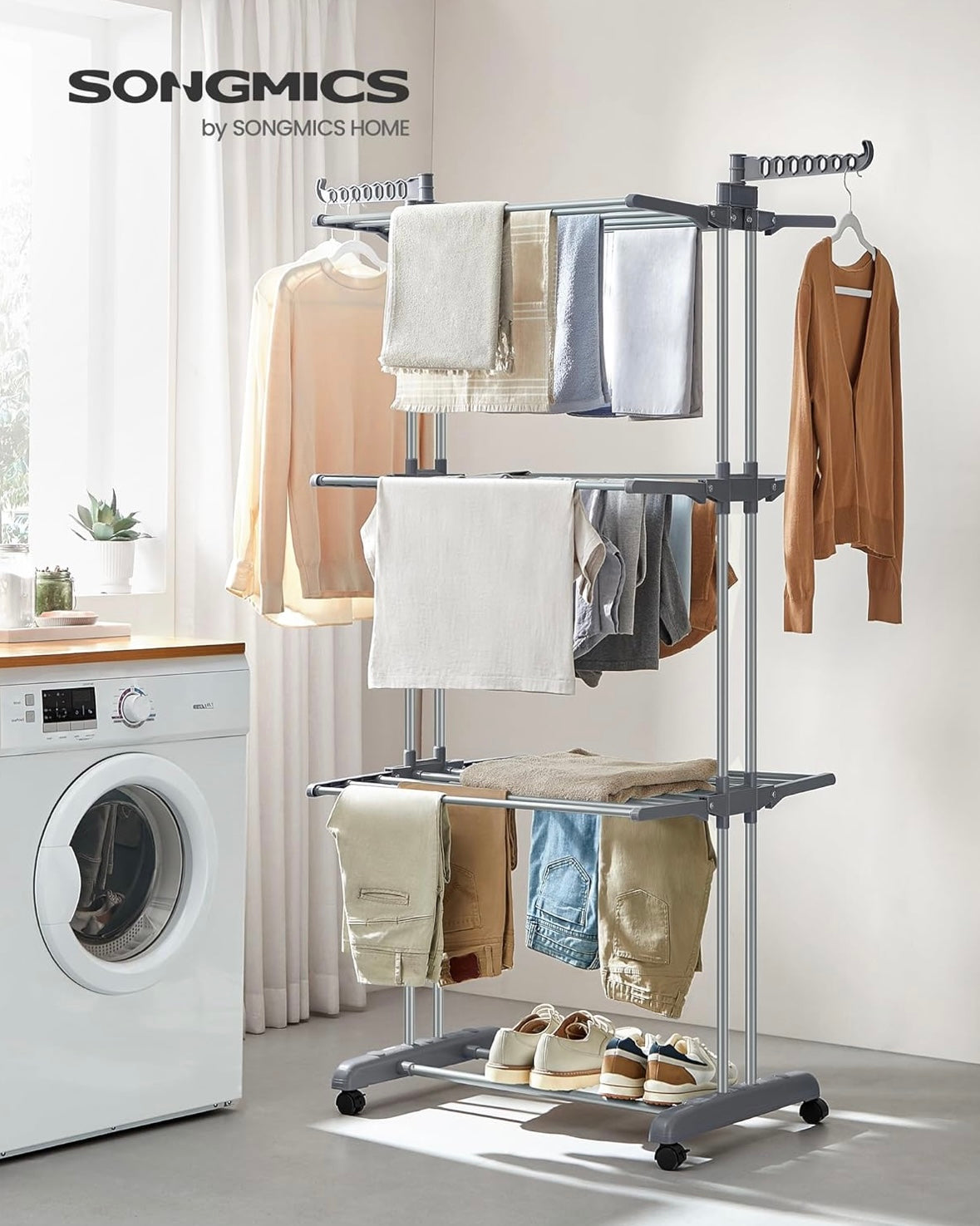 VASAGLE 4-Tier Foldable Clothes Drying Rack — Heavy-Duty Stainless Steel (Dove Grey)