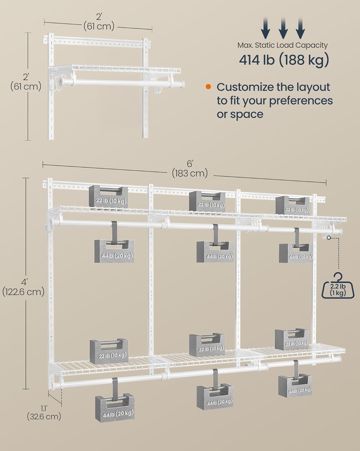 SONGMICS HOME Adjustable Closet System – Cloud White