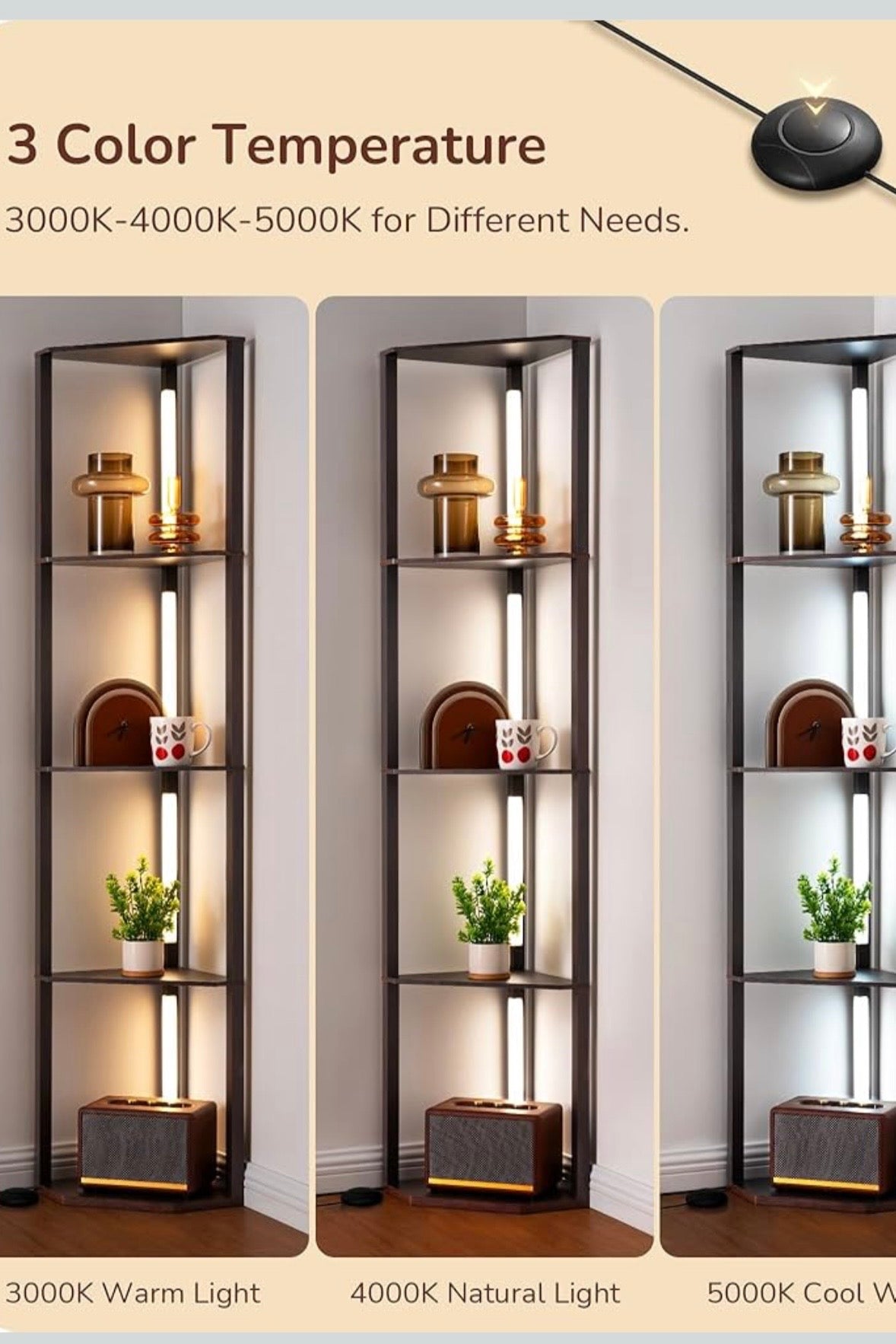 Modern LED Corner Floor Lamp with 4-Tier Shelves