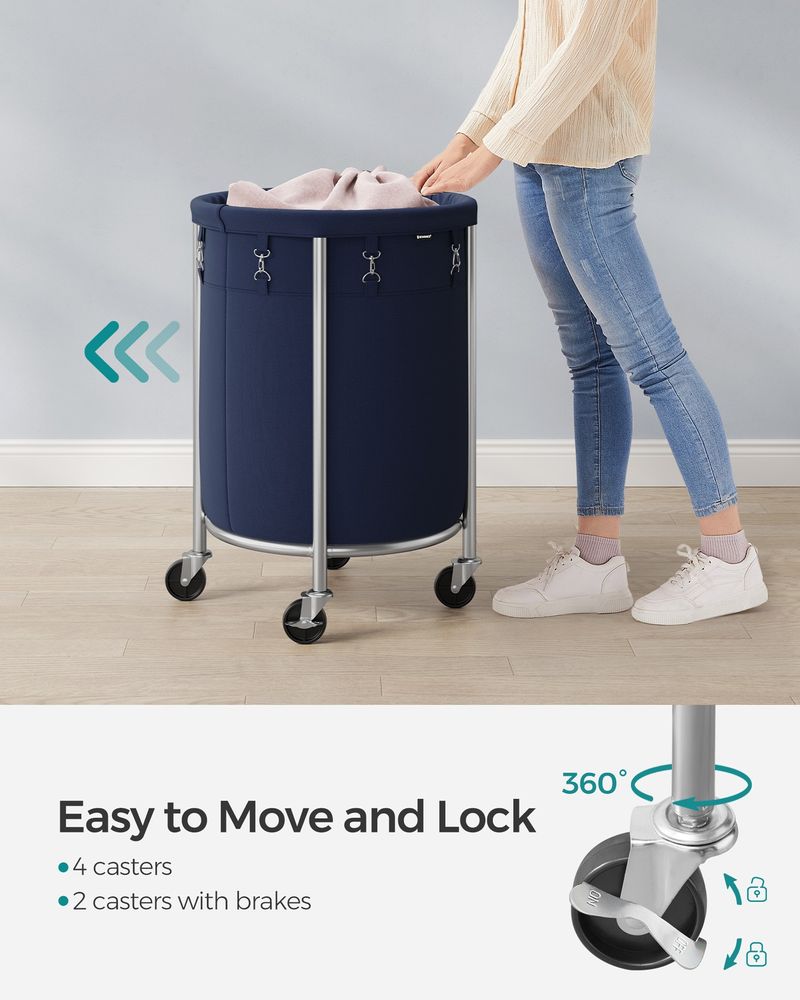 Rolling Laundry Hamper with Casters – Charcoal Blue & Metallic Silver