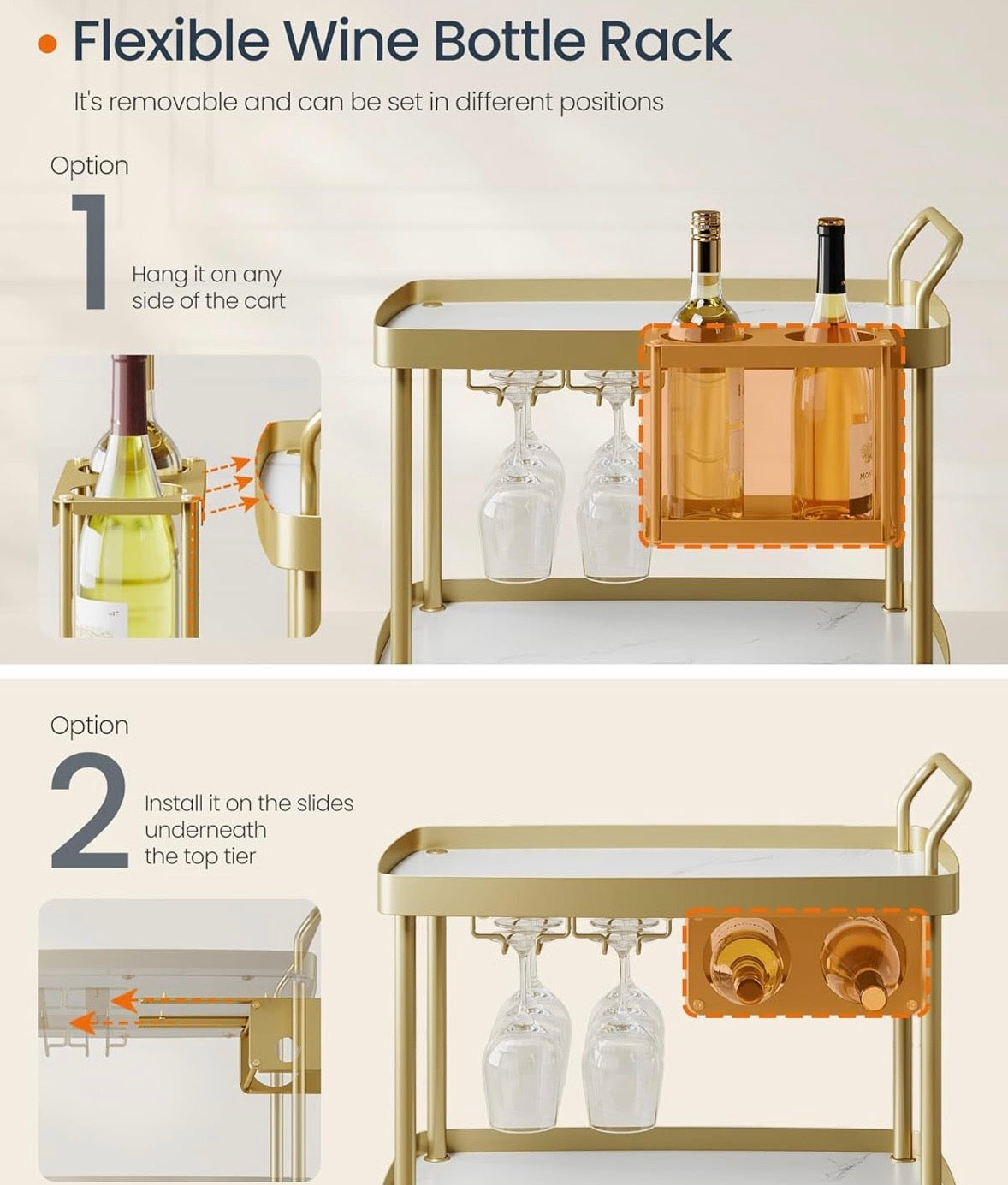 SONGMICS Rolling Bar Cart with Wine Rack – Marble White & Pale Gold