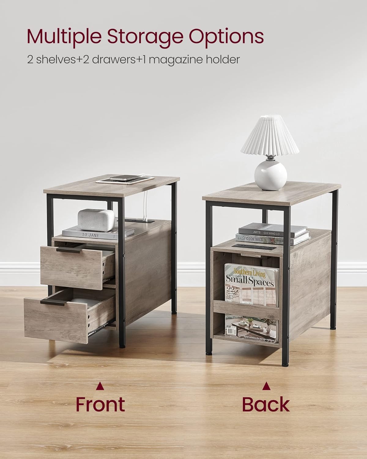 VASAGLE Narrow Side Table with Charging Station – Greige + Black