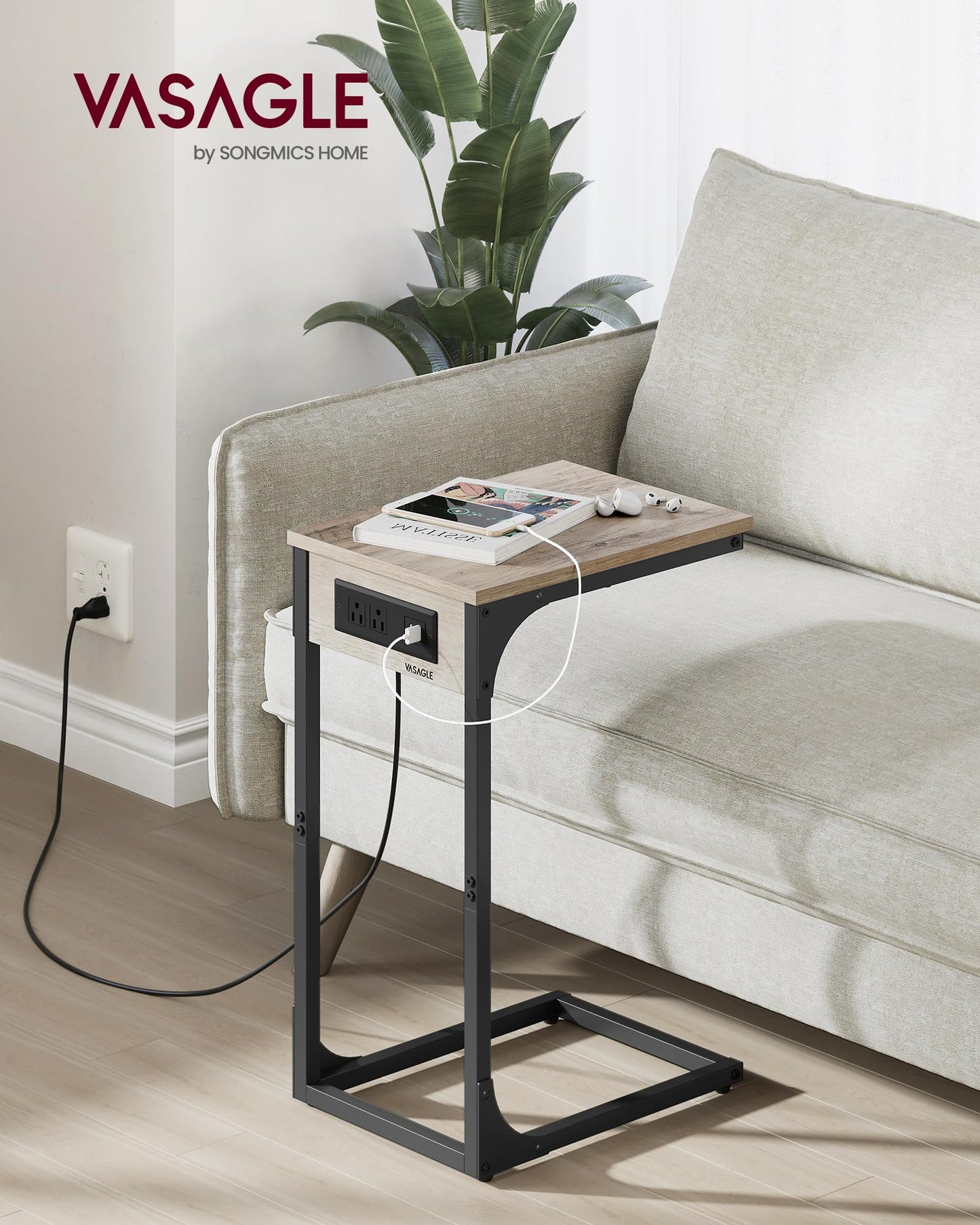 VASAGLE C-Shaped Side Table with Charging Station