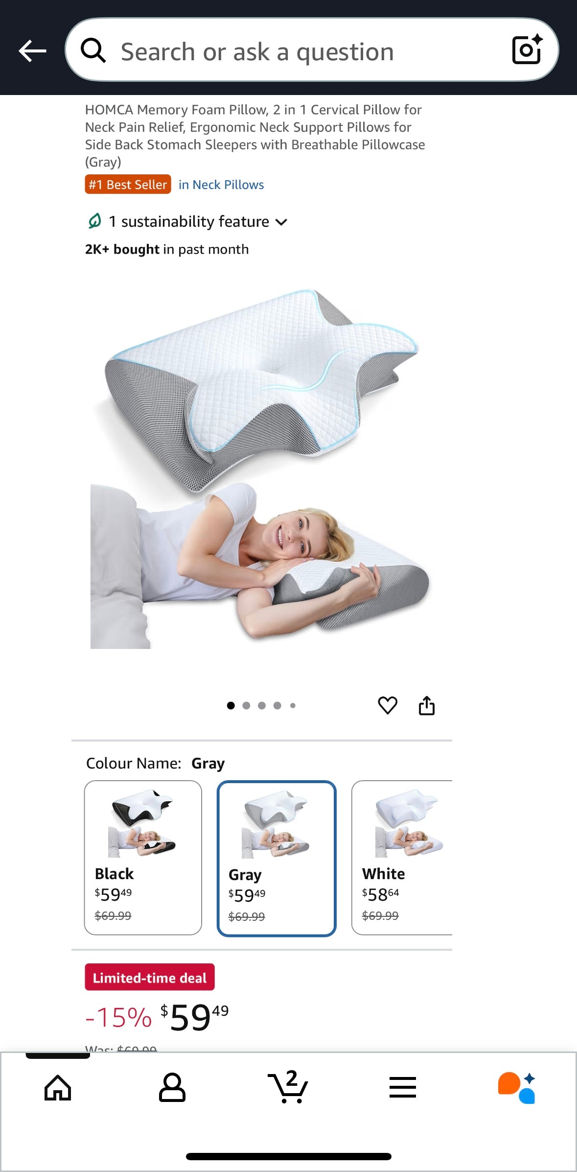 HOMCA 2-in-1 Memory Foam Cervical Pillow — Ergonomic Neck & Shoulder Support (Gray)