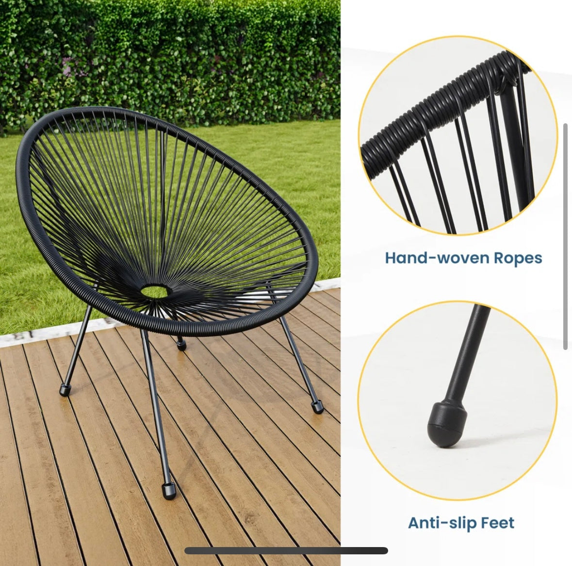 3-Piece Rattan Patio Bistro Set – Acapulco-Style Chairs with Glass Table (Black & Grey)