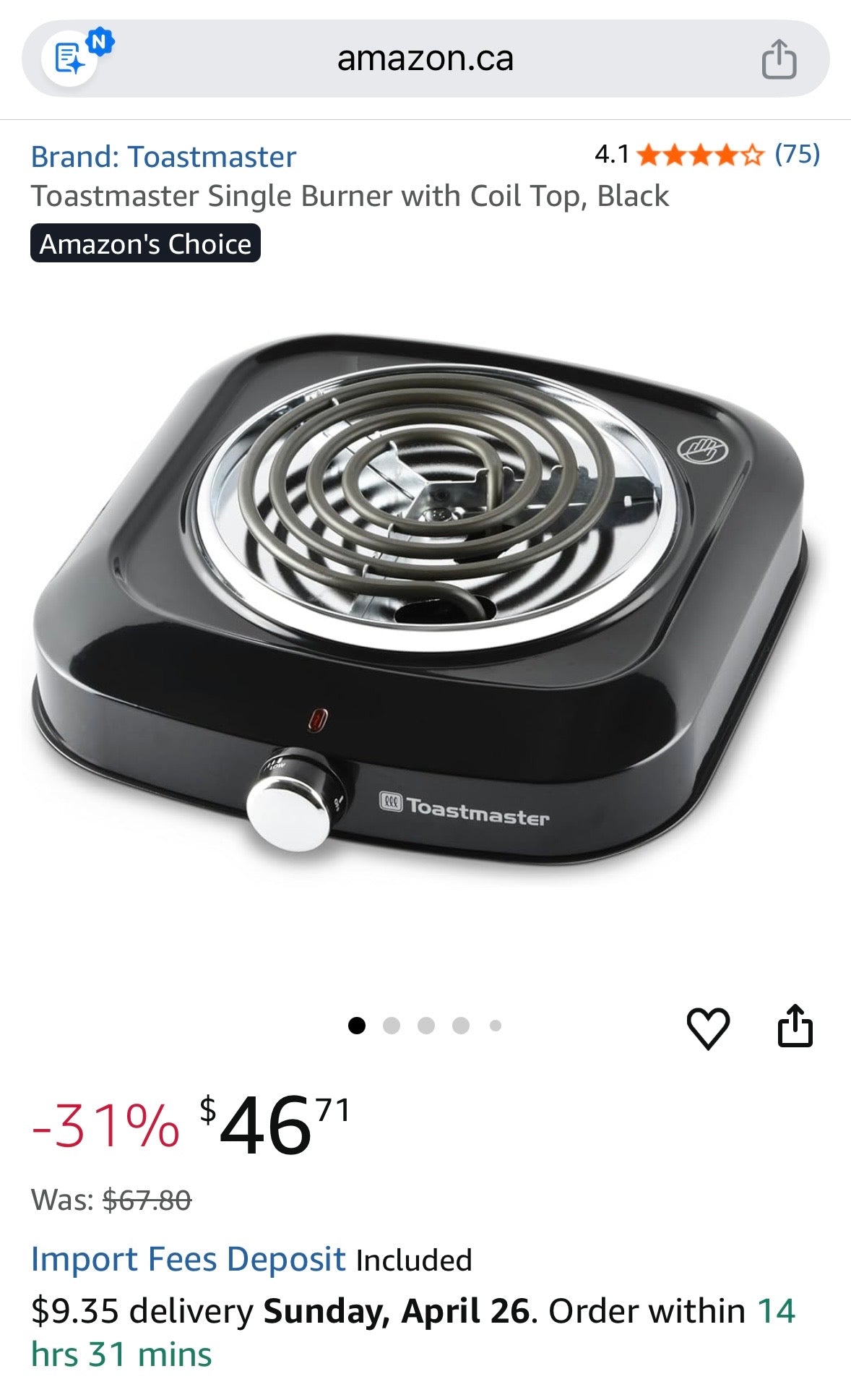Toastmaster Single Burner Electric Cooktop