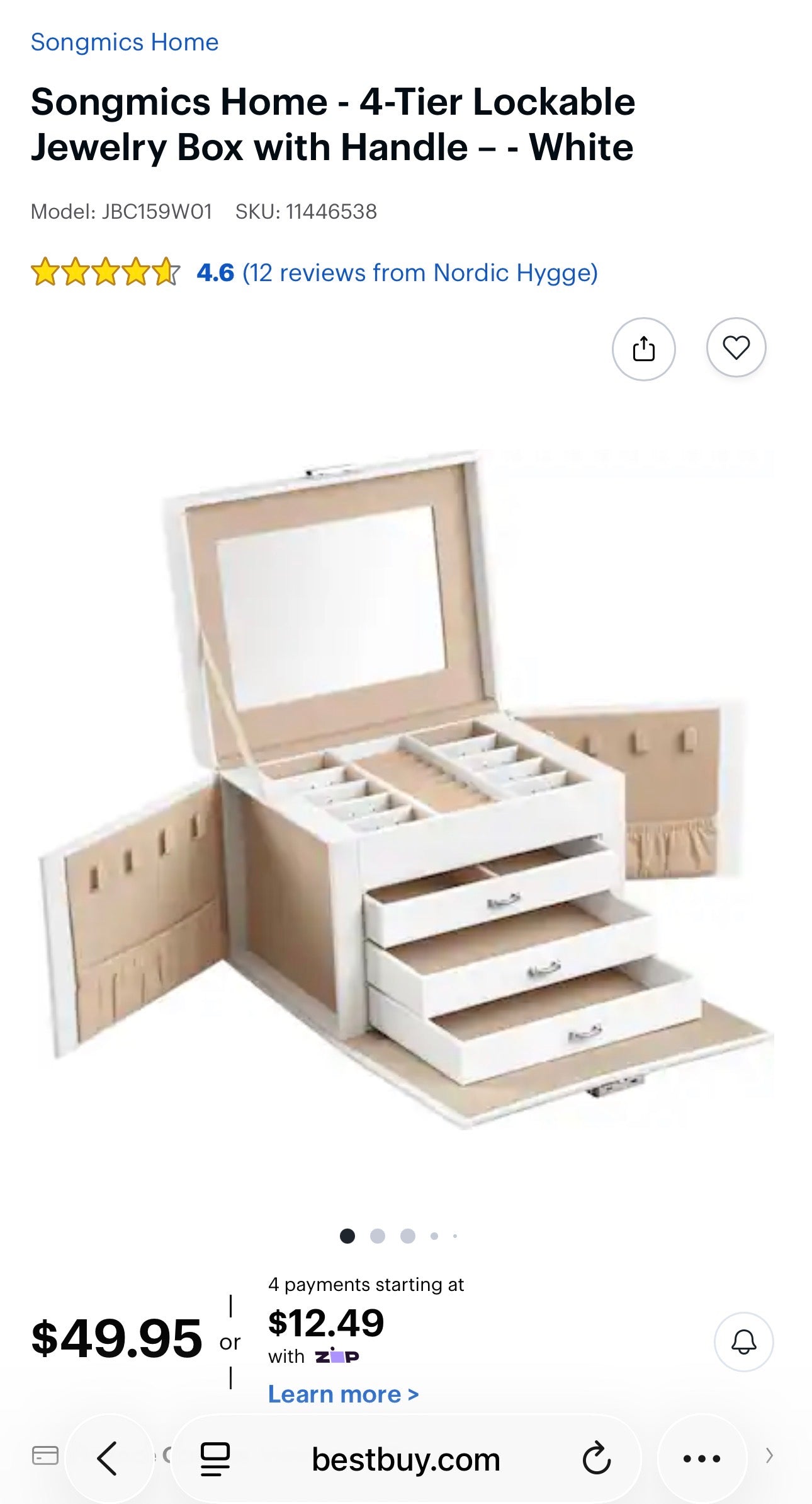 SONGMICS 4-Tier Lockable Jewelry Box with Mirror – Classic White
