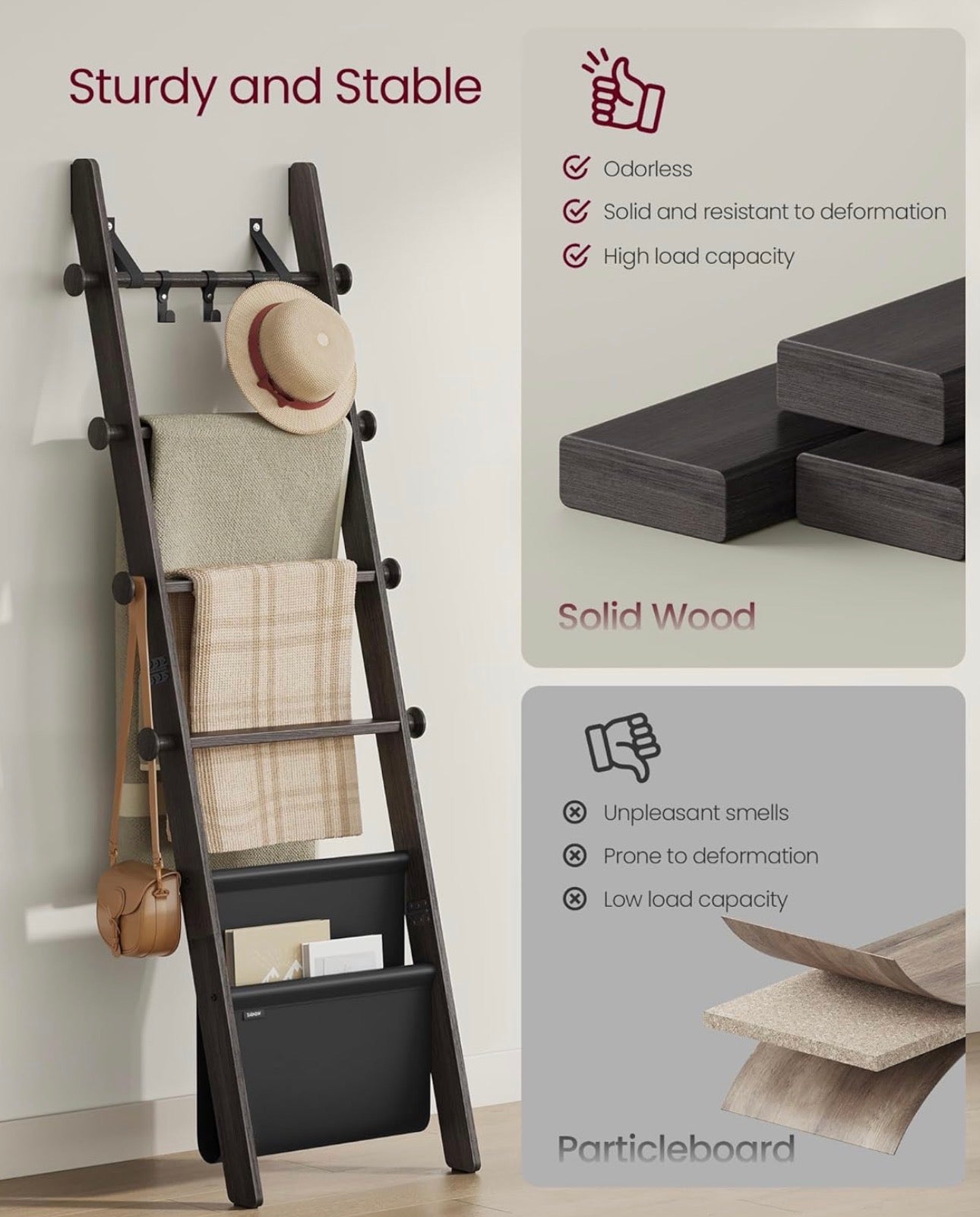 Solid Wood Leaning Blanket & Towel Ladder Rack
