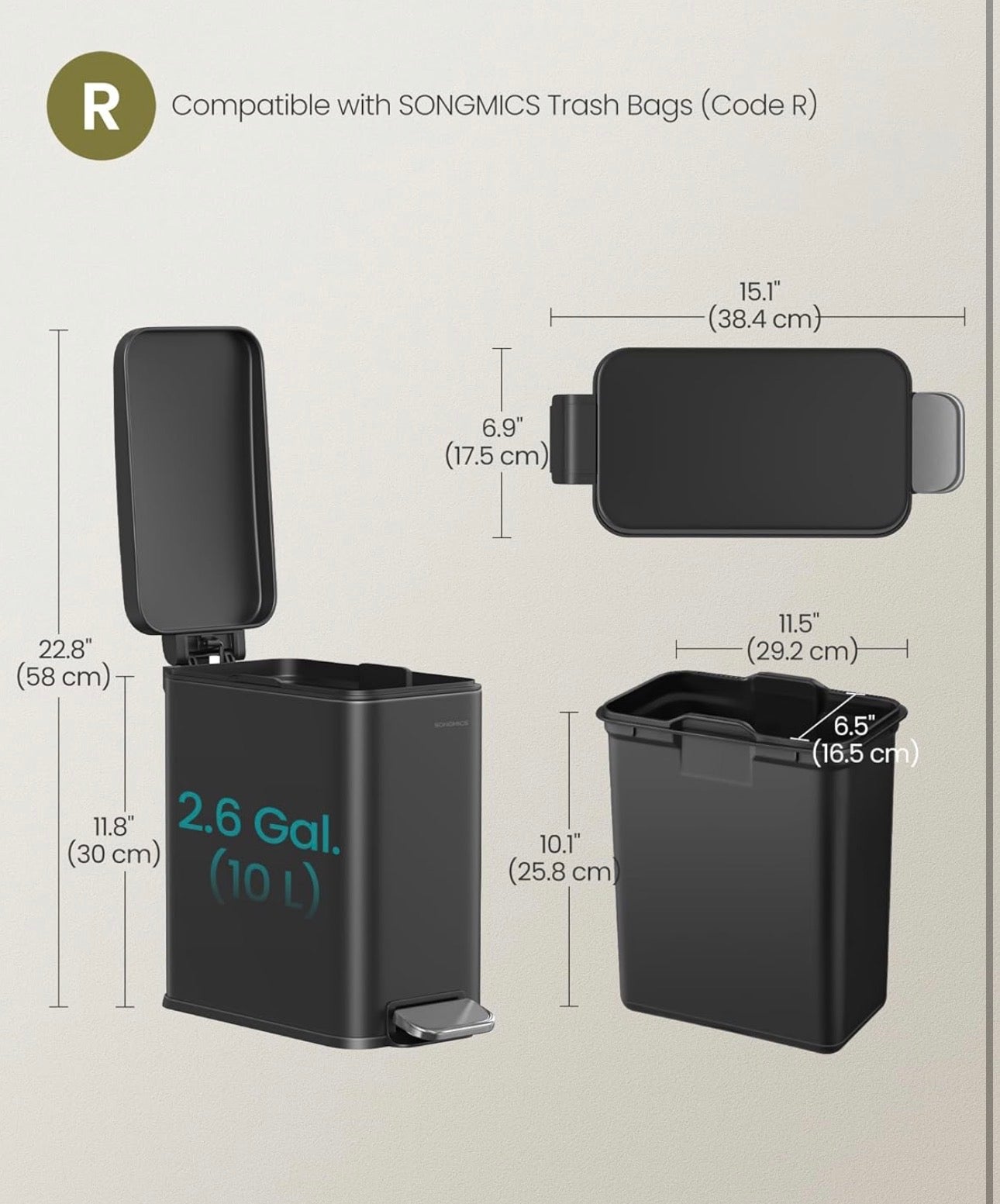 SONGMICS 2.6-Gallon Slim Step Trash Can