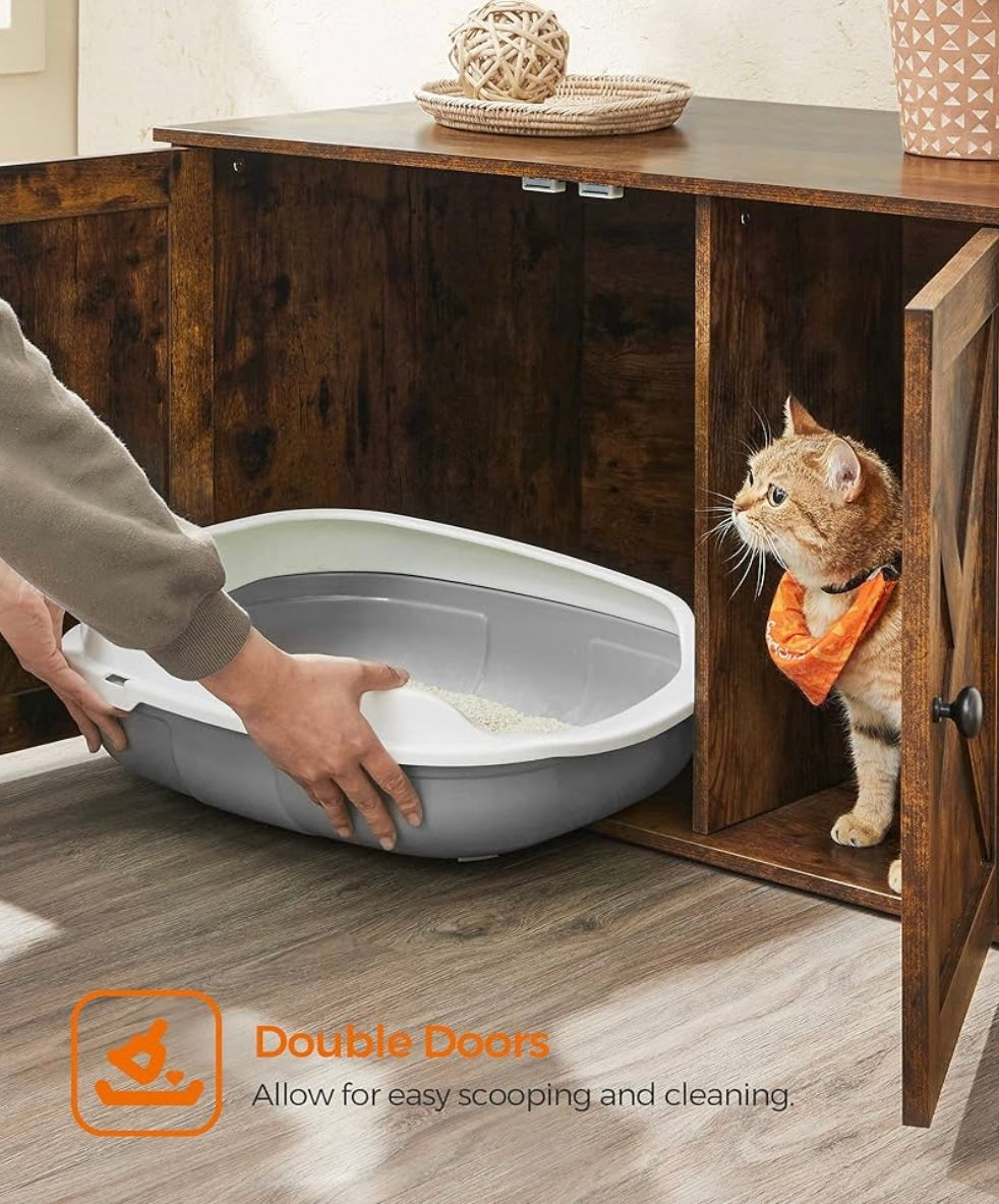 Rustic Cat Litter Box Enclosure with Barn Doors – Multi-Use Cat Furniture Cabinet (Brown Wood Finish)