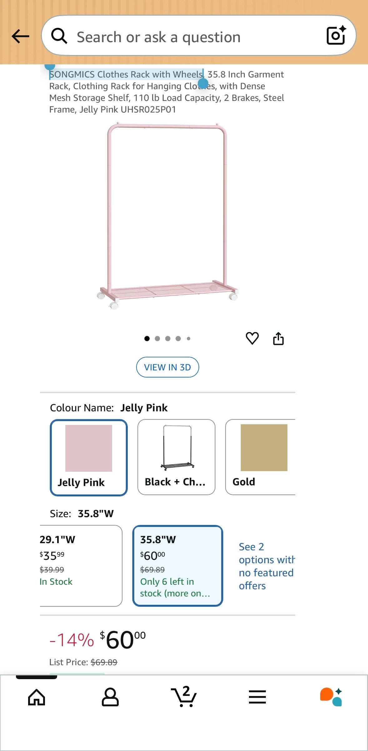 SONGMICS Rolling Clothes Rack with Shelf