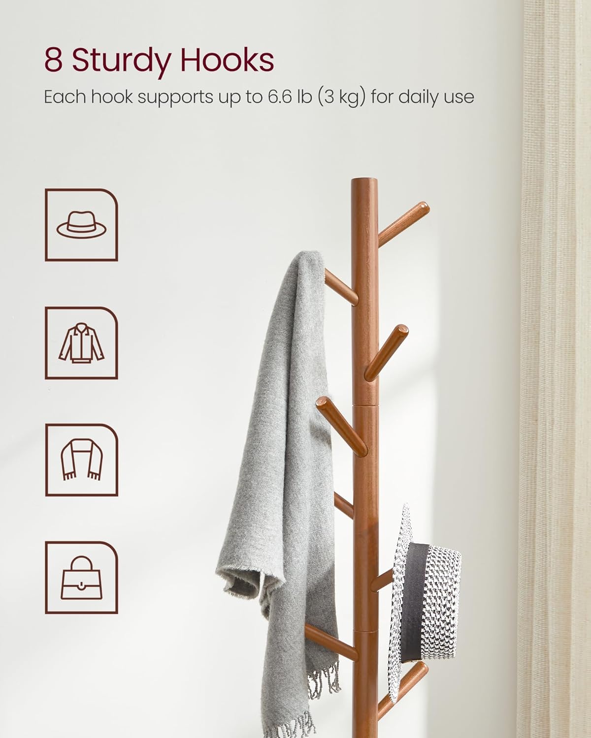 VASAGLE Solid Wood Coat Rack – Caramel Brown