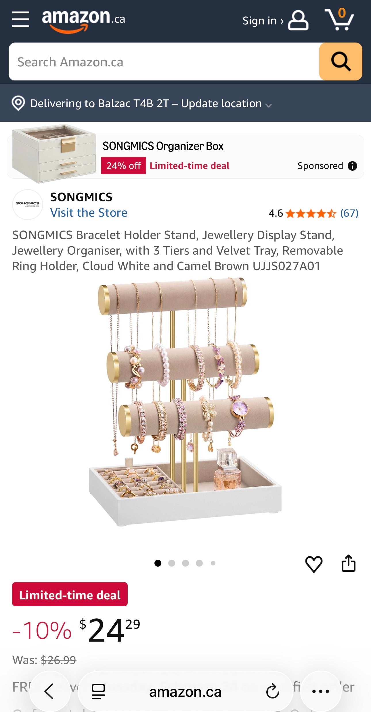 SONGMICS Jewelry Display Stand – Cloud White + Camel Brown