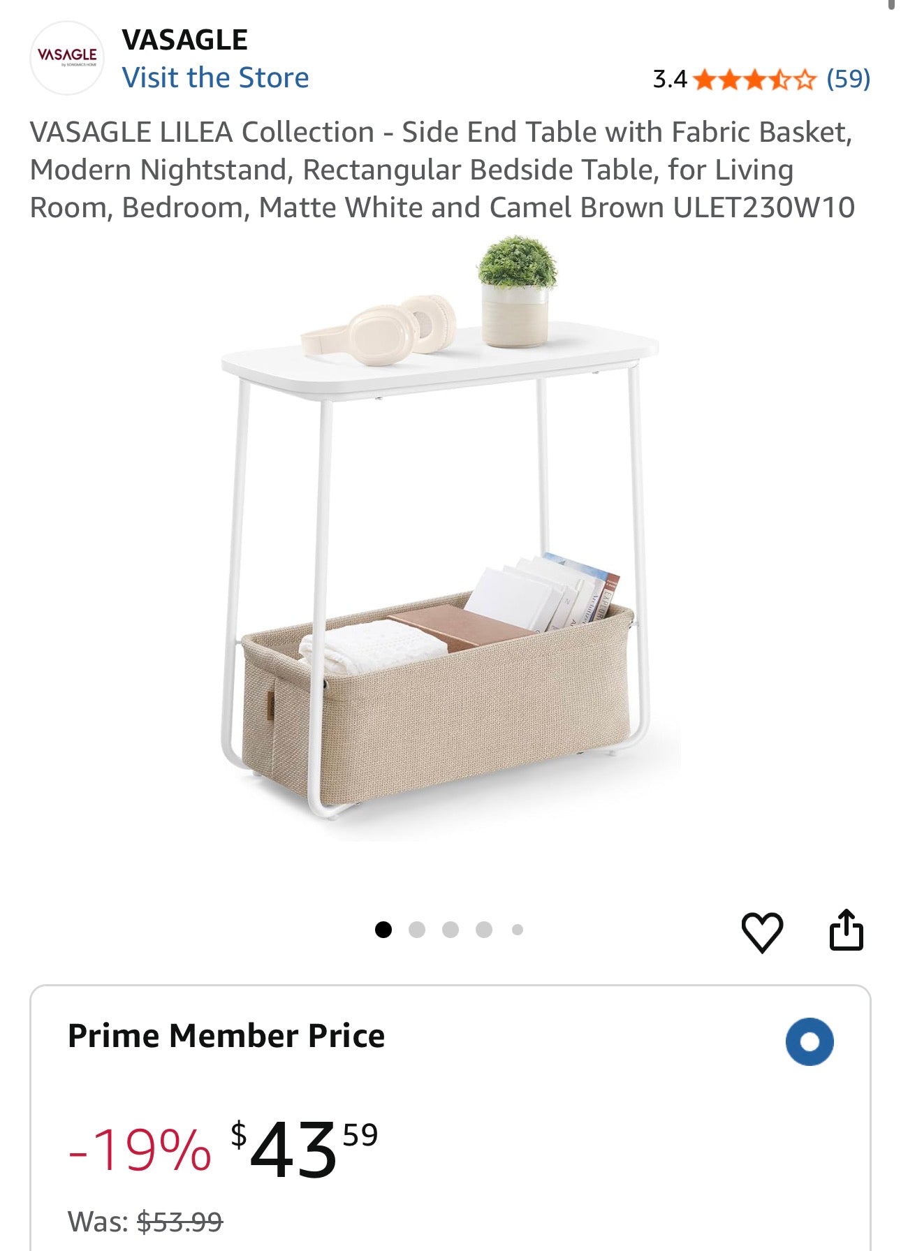 VASAGLE LILEA Side Table with Fabric Storage