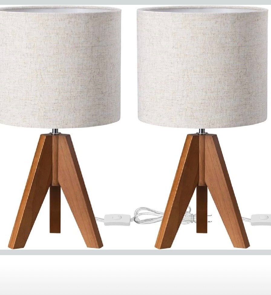 EDISHINE Wooden Tripod Table Lamp with Linen Shade- 2 pack