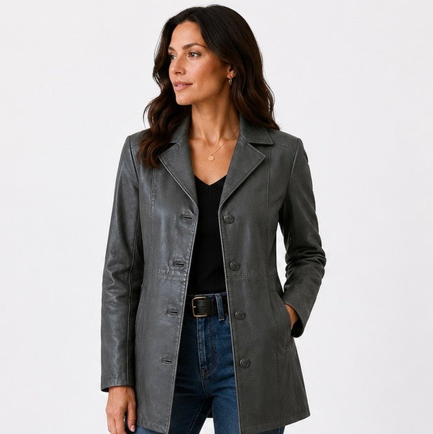 Women’s Tailored Grey Leather Jacket – Size XS