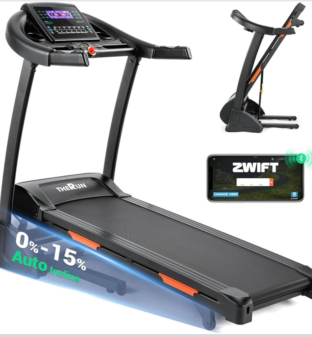 THERUN Foldable Auto Incline Treadmill – 3.5 HP Bluetooth Home Treadmill