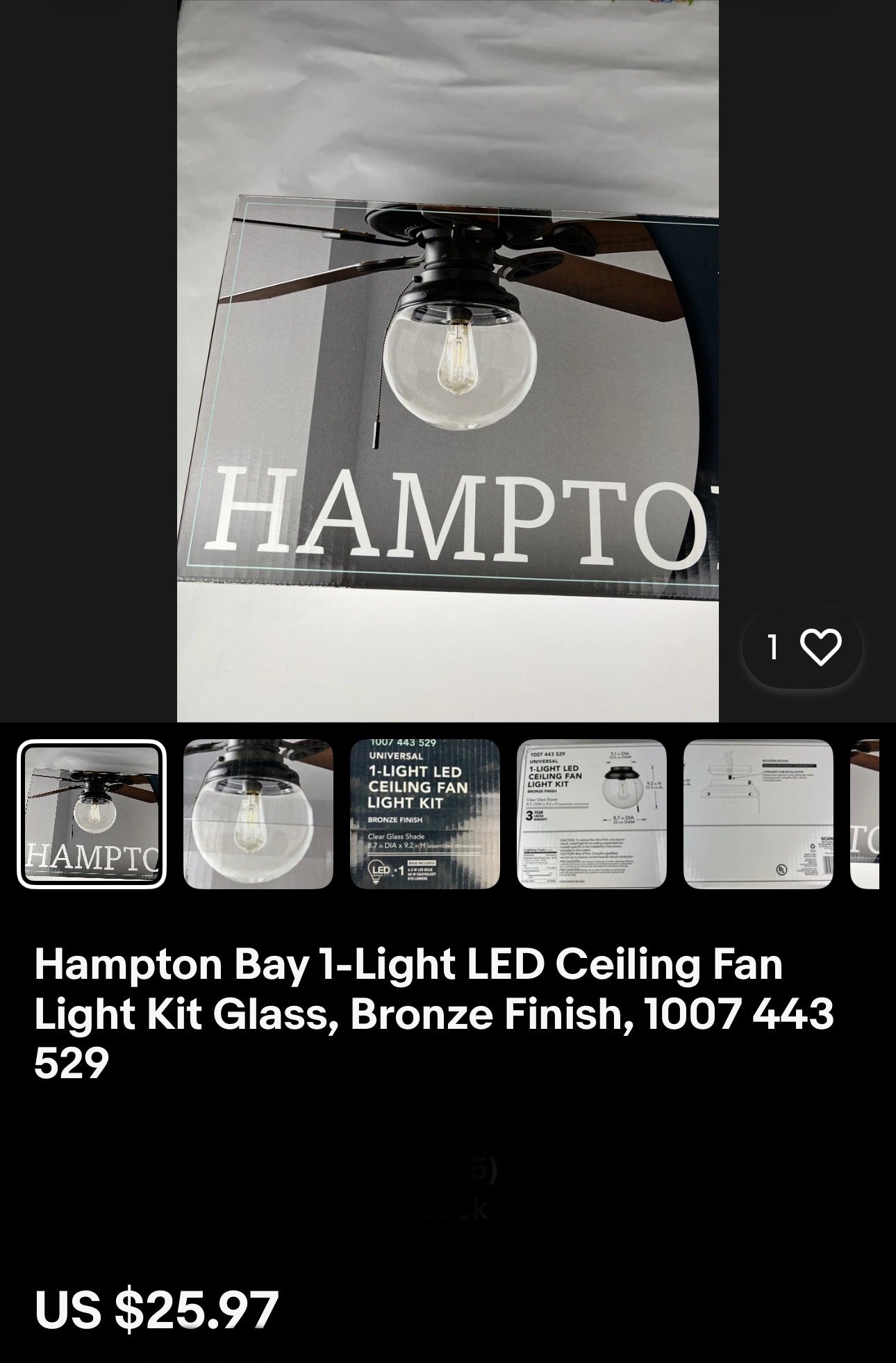 Hampton Bay 1-Light LED Ceiling Fan Light Kit