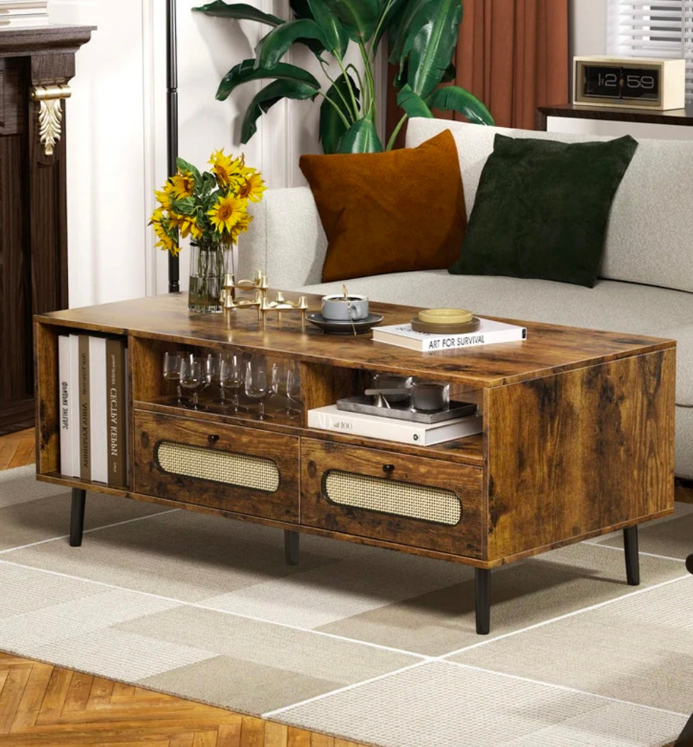 Mid-Century Modern Coffee Table w/ Storage Cabinets & Open Shelving