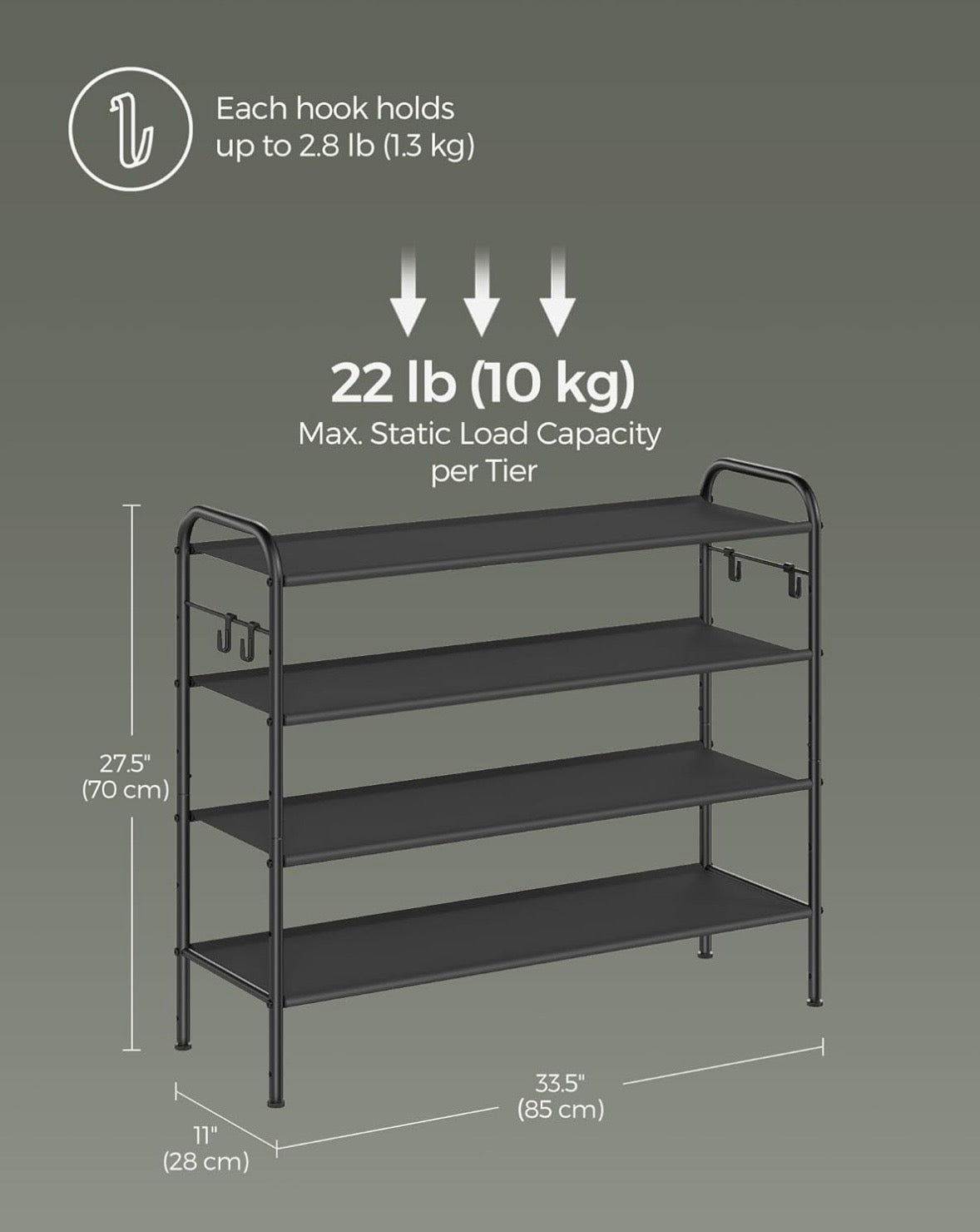 4-Tier Adjustable Shoe Rack with Side Hooks