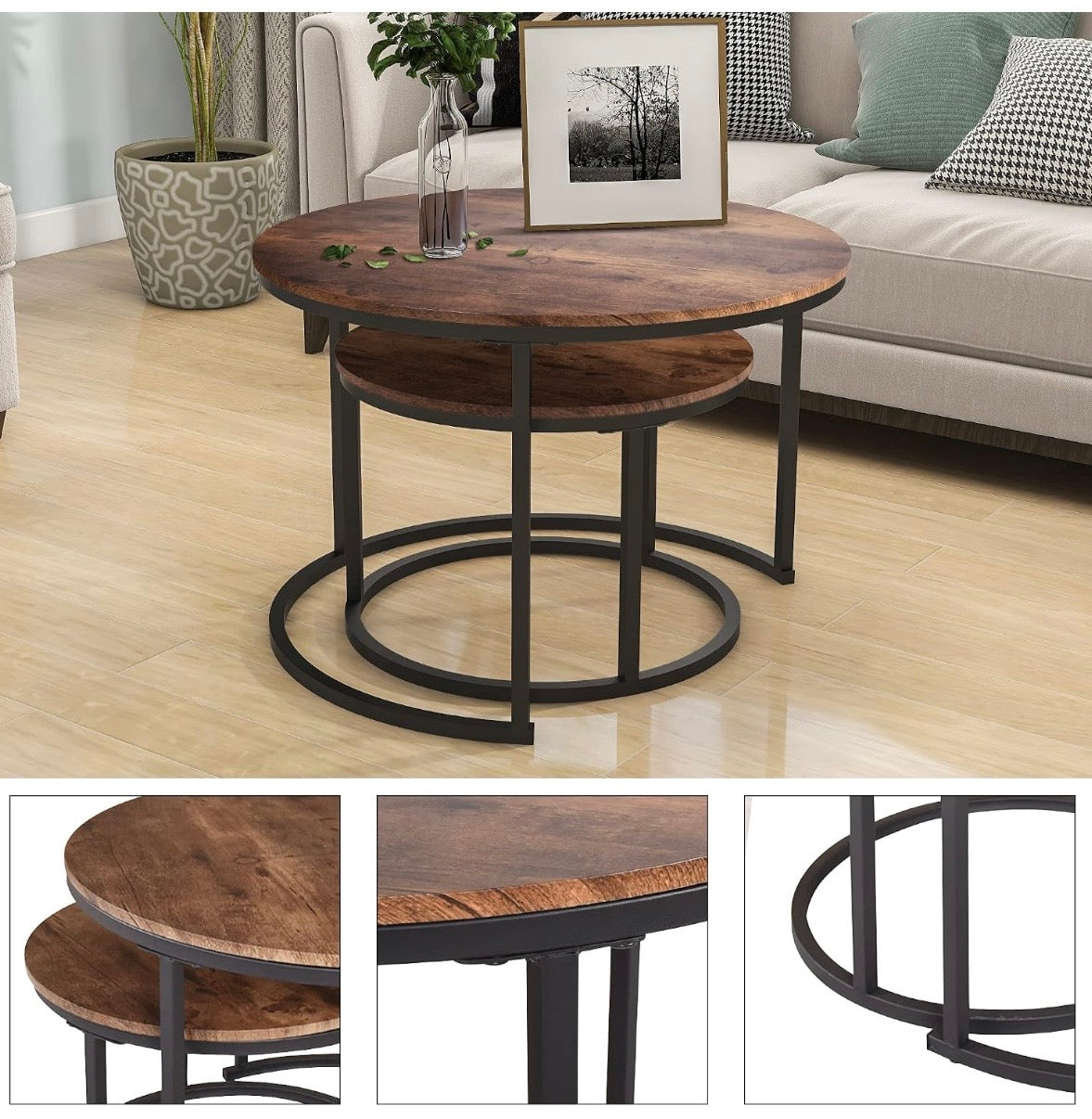 Nesting Coffee Table Set of 2 – Round Industrial Style