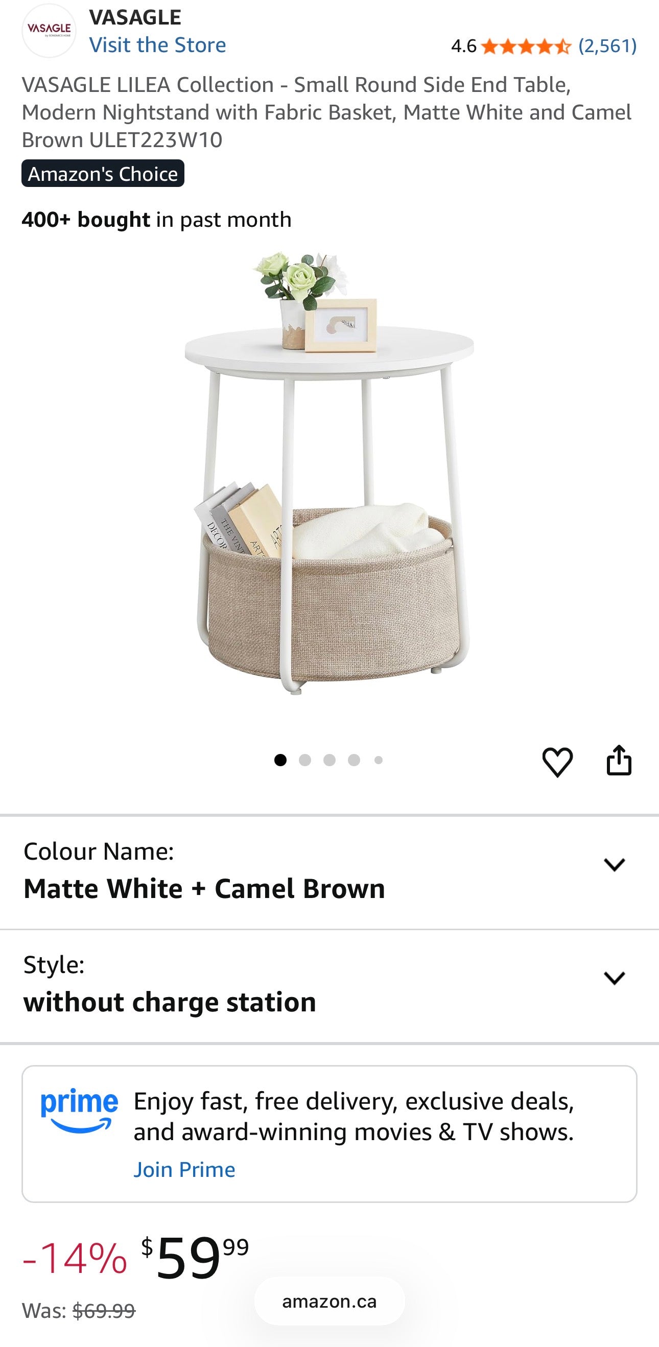 VASAGLE LILEA Round Side Table with Fabric Basket