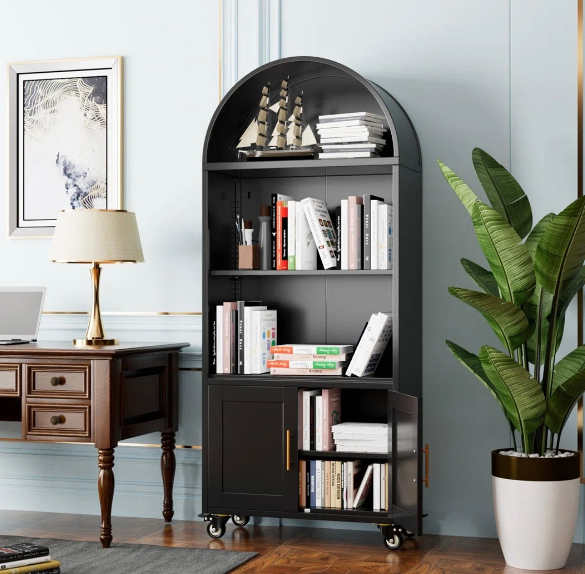 Modern Arched Metal Bookcase Cabinet