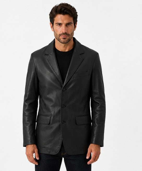 Men’s Classic Black Leather Blazer Jacket – Size 2XS