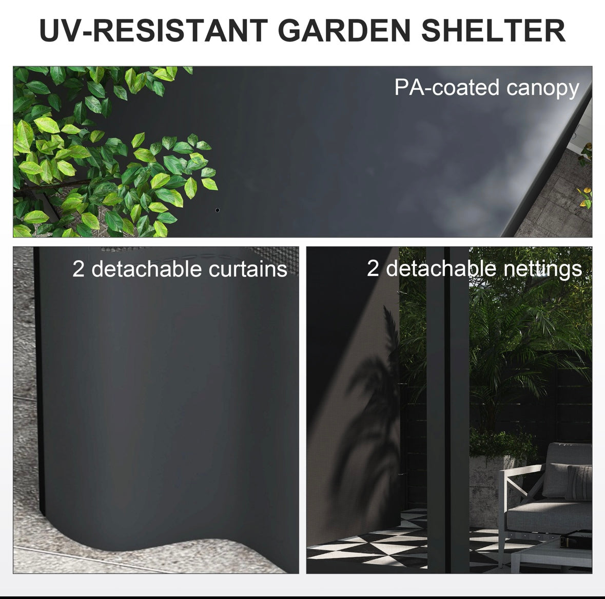 Outsunny Wall-Mounted Pergola with Side Curtains & Netting – Steel Frame | UV-Protected Awning | Modern Design