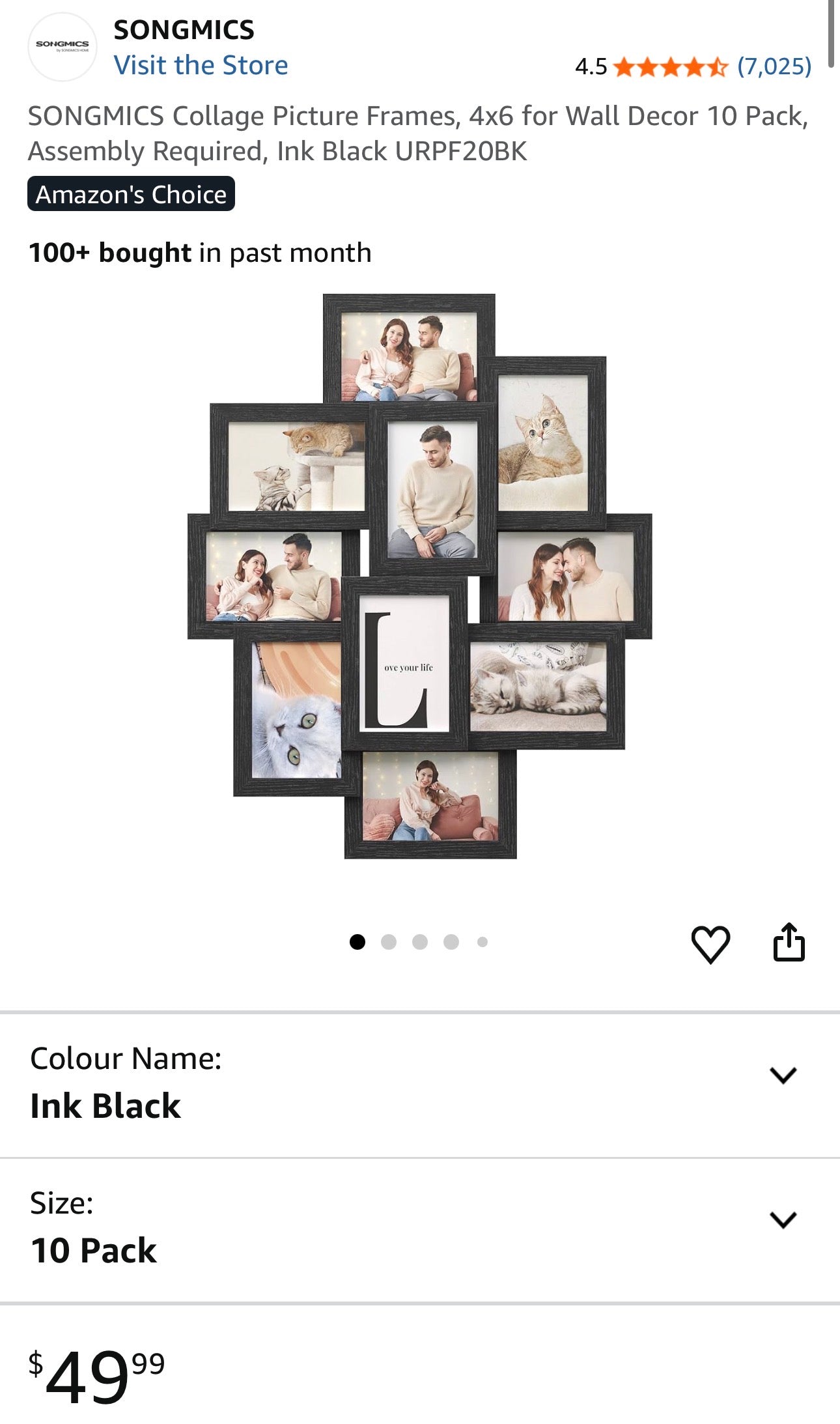 SONGMICS 10-Piece Ink Black Photo Frame Set – 4 × 6 Inch Collage