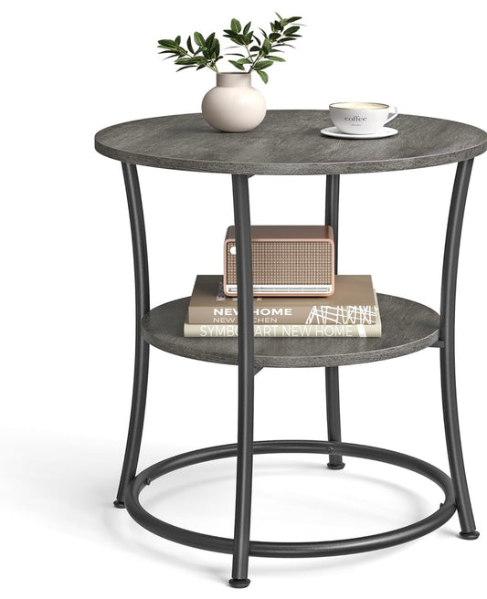 VASAGLE Misty Gray + Ink Black Round Side Table – 2-Tier Modern Accent Table