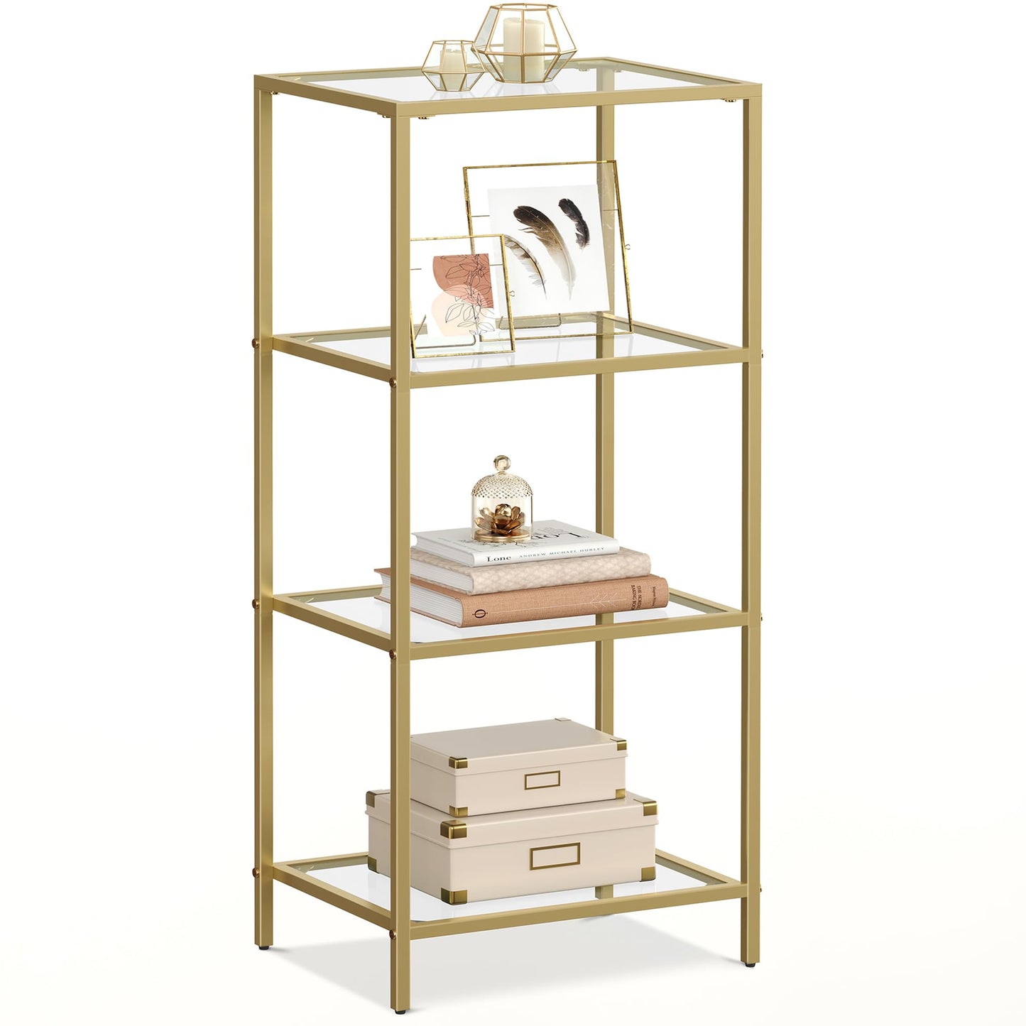 VASAGLE 4-Tier Glass Display Shelf – Pale Gold Frame