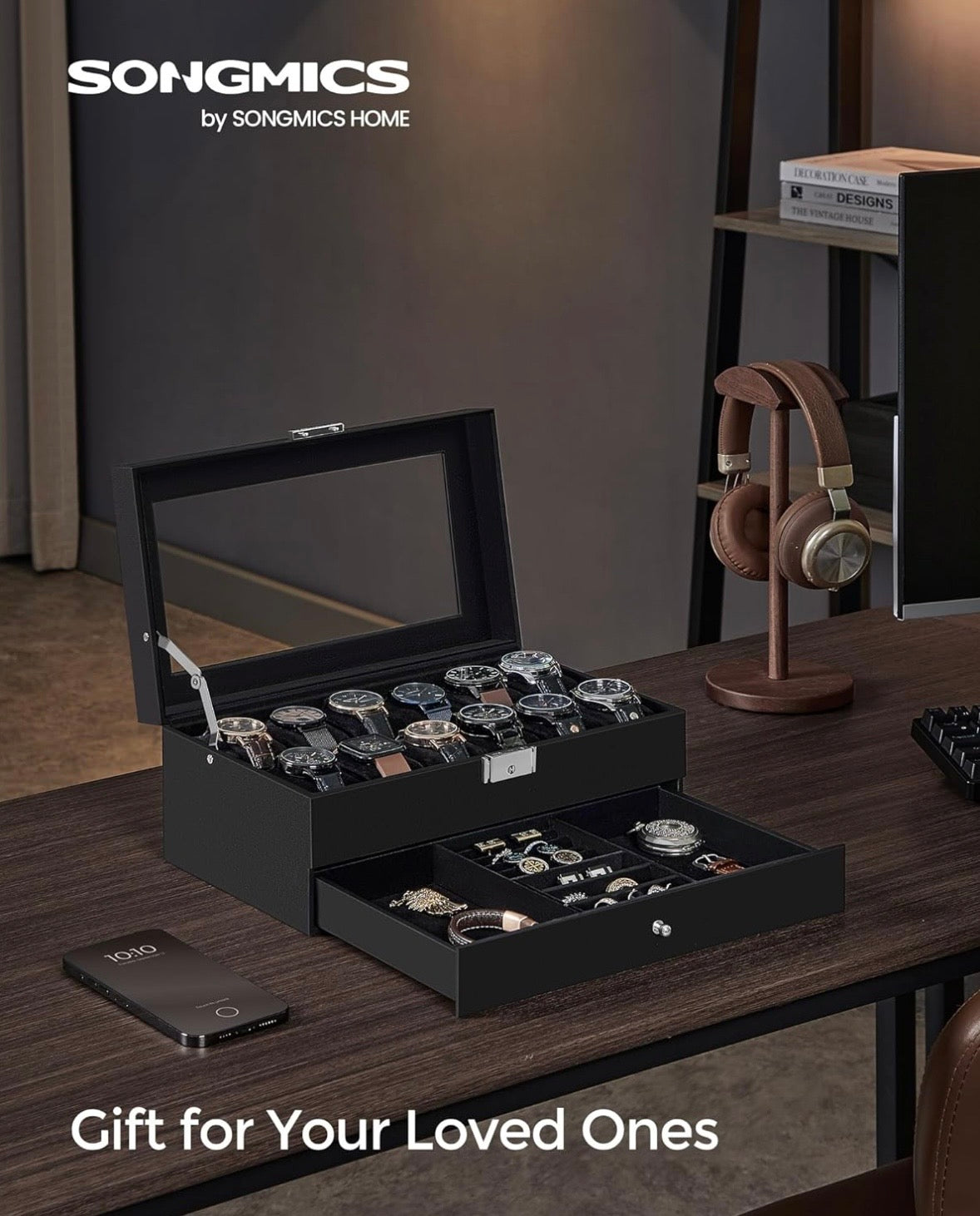 SONGMICS 12-Slot Watch Box Organizer with Glass Lid – Black
