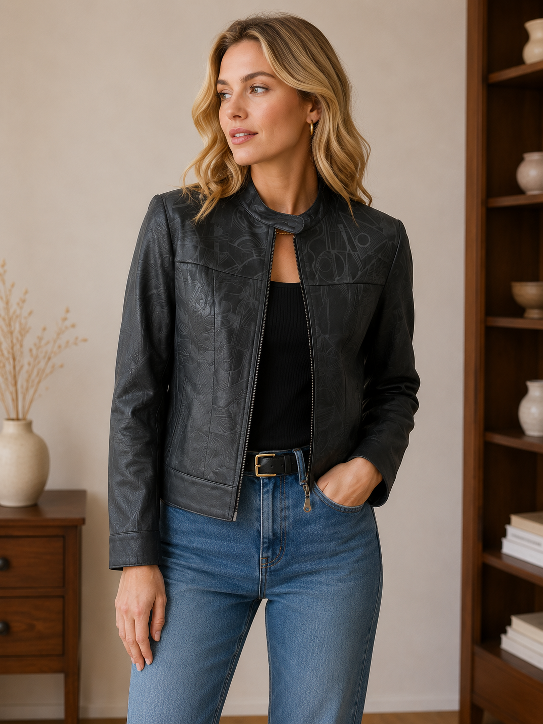 Women’s Embossed Biker Leather Jacket