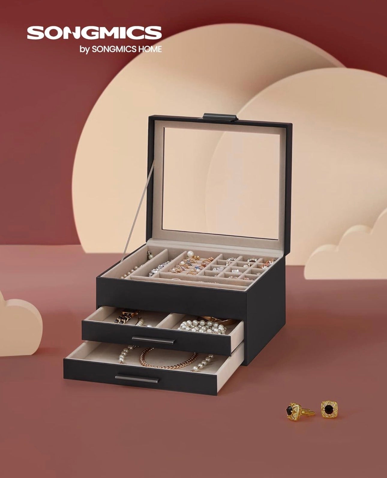 SONGMICS 3-Layer Jewelry Box Organizer with Glass Lid